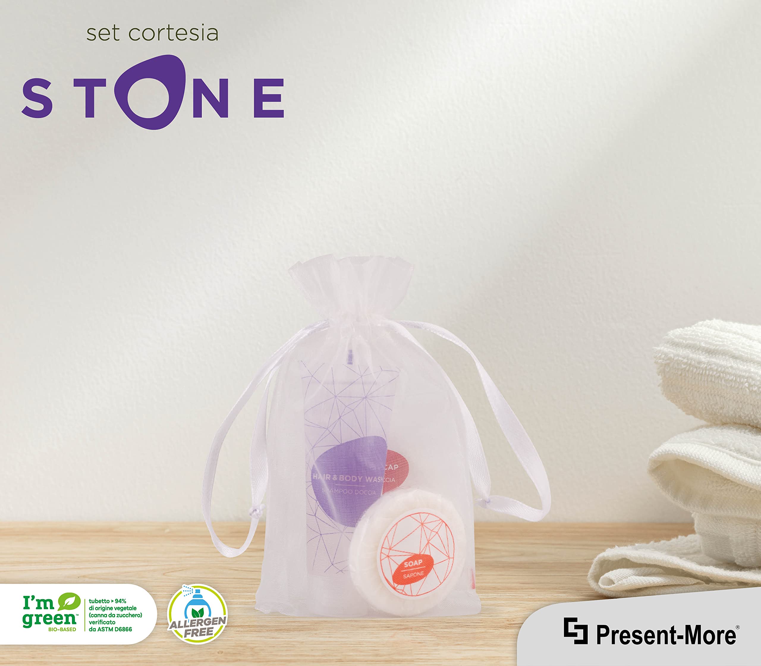 PRESENT-MORE - Set Cortesia 50 Ospiti Stone - Fragranza Relaxing - Contiene: Shampoo Doccia, Sapone e Cuffia - Per Hotel e B&B