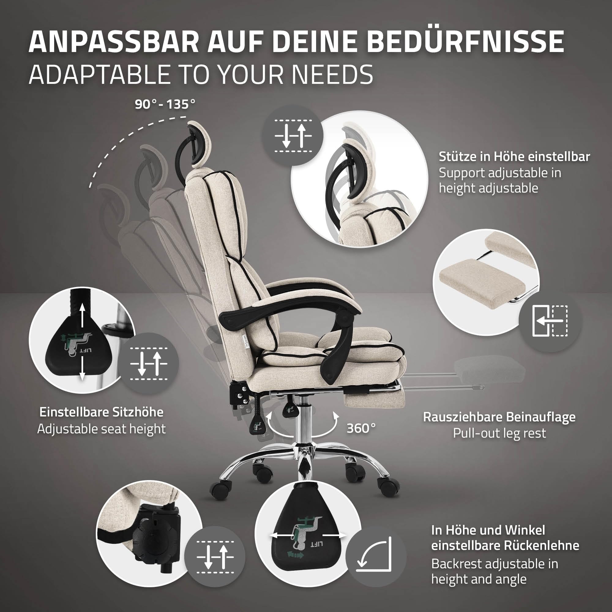 ML-Design Silla de Ordenador Beige Ergonómica Regulable en Altura con Respaldo Alto Asiento Gaming Giratorio con Reposapíes, Cojín y Reposacabezas Mueble de Oficina con Función Balancín