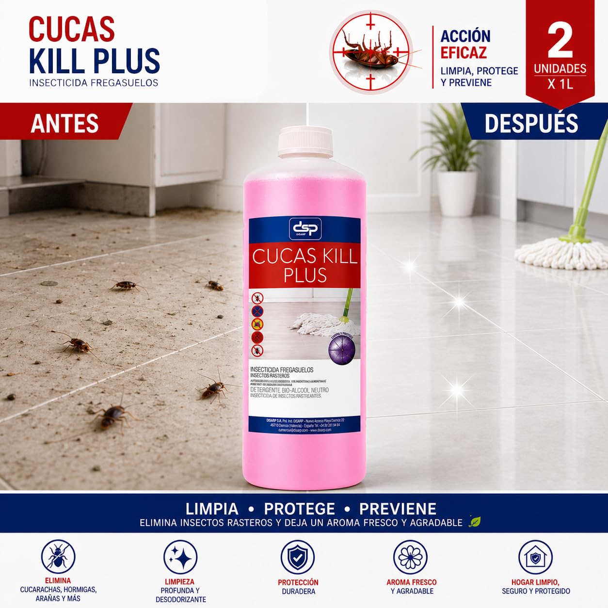 PACK DE 2 UNIDADES CUCAS KILL PLUS Insecticida Fregasuelos, Elimina Hormigas, Cucarachas y Arañas, Efecto Preventivo 15 Días, Aroma Neutro