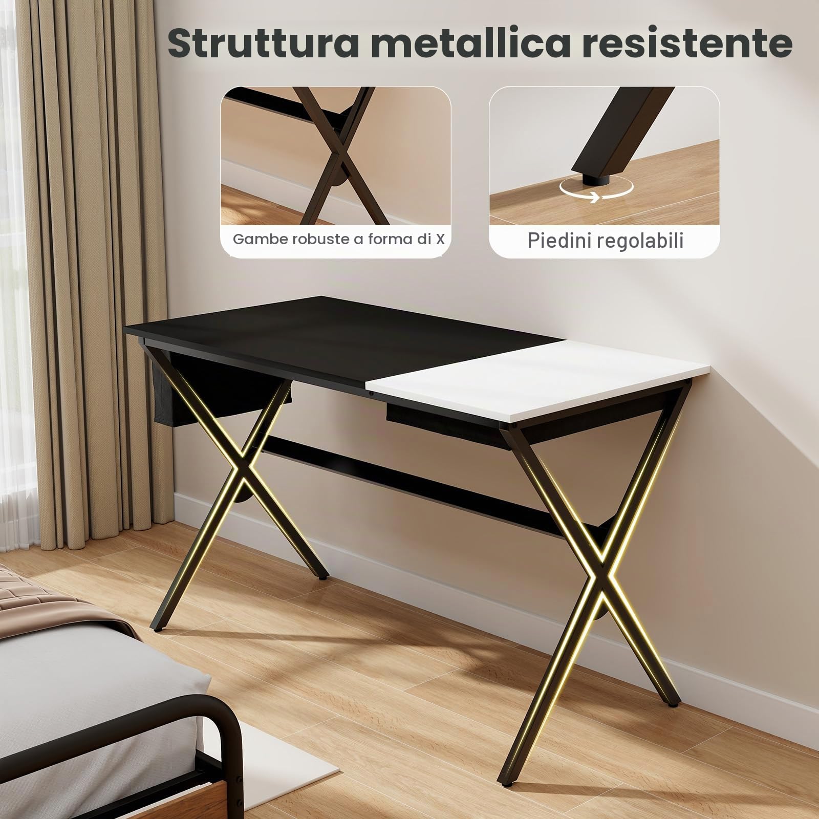 GIANTEX Scrivania per computer con portaoggetti pieghevole | Tavolo da scrittura con borsa portaoggetti laterale, postazione di lavoro in telaio metallico, 120 x 60 x 73,5 cm