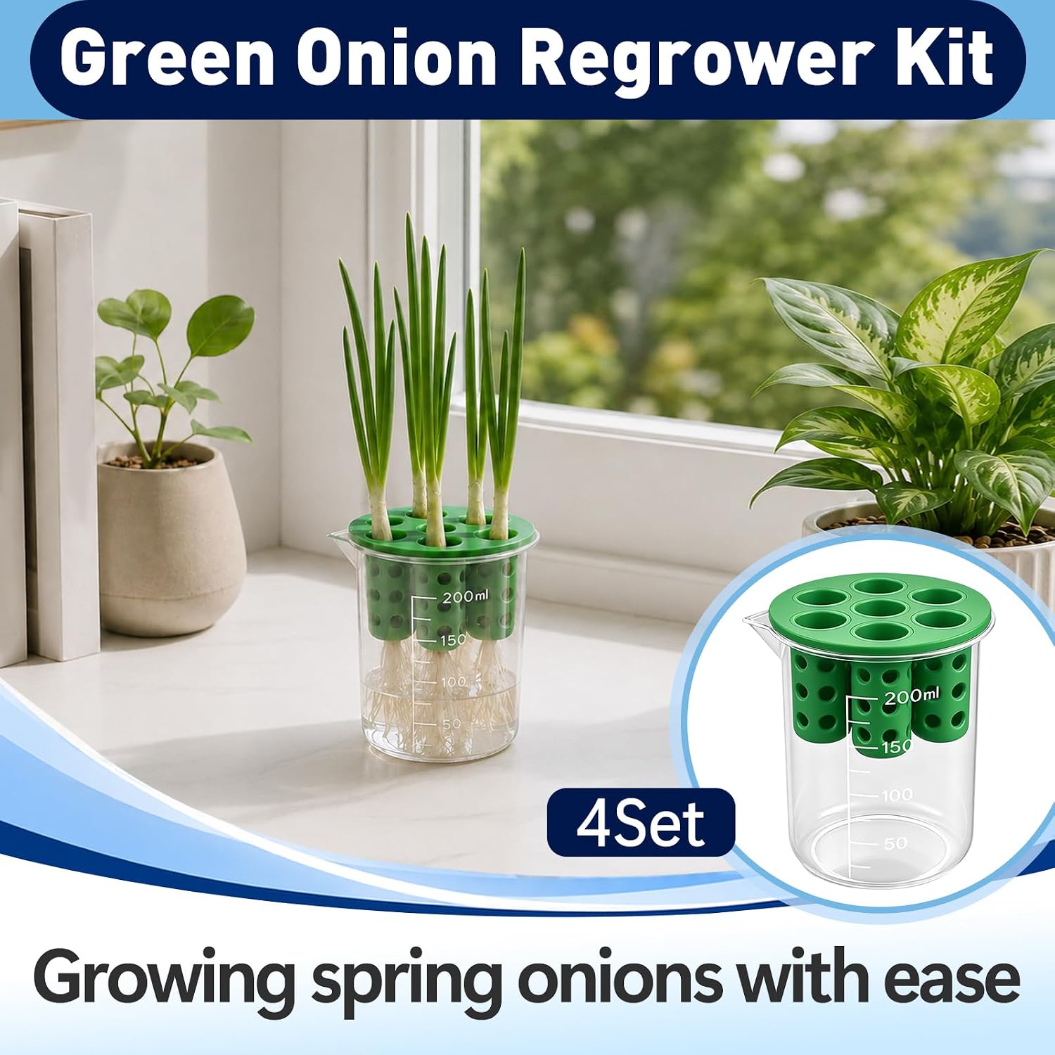 4Set 7Hole Green Onion Regrower Sprouting Kit, Includes Regrowing Lids and Clear Growing Vessels, Green Onion Sprouter Ideal for Windowsill Gardens, Home Kitchens and Indoor Use