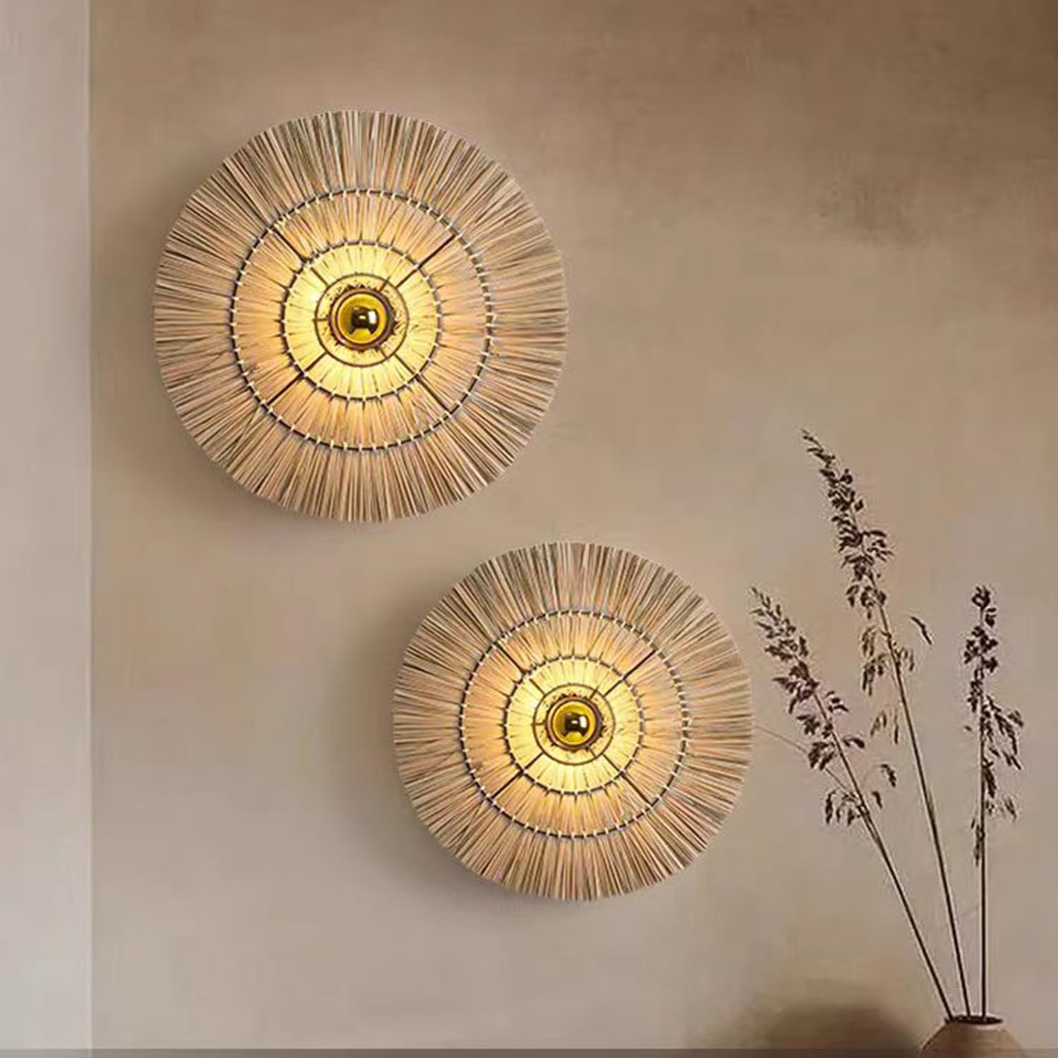 Boho Kinkiet okrągły 40 cm Rustykalny kinkiet wewnętrzny z ręcznie tkanym abażurem E27 Vintage Lampa Lampka nocna Kinkiet 3000K Ciepłe światło do sypialni, salonu, przedpokoju