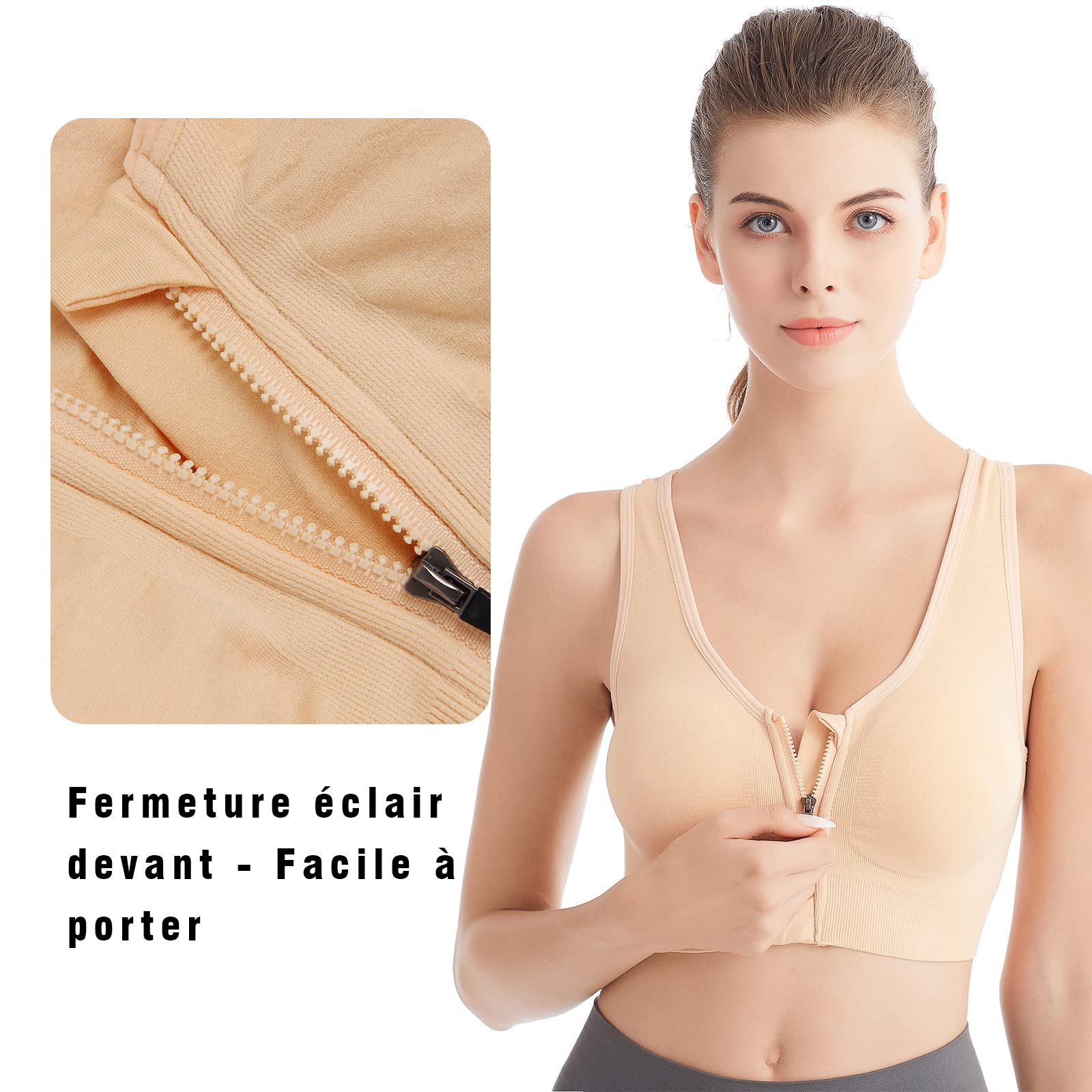 Soutien-Gorge de Sport Post-opératoire Brassière Femme Zippée Avant Zipper Lingerie avec Coussinets Amovibles Push Up Courir Vest pour Fitness Jogging Yoga Course