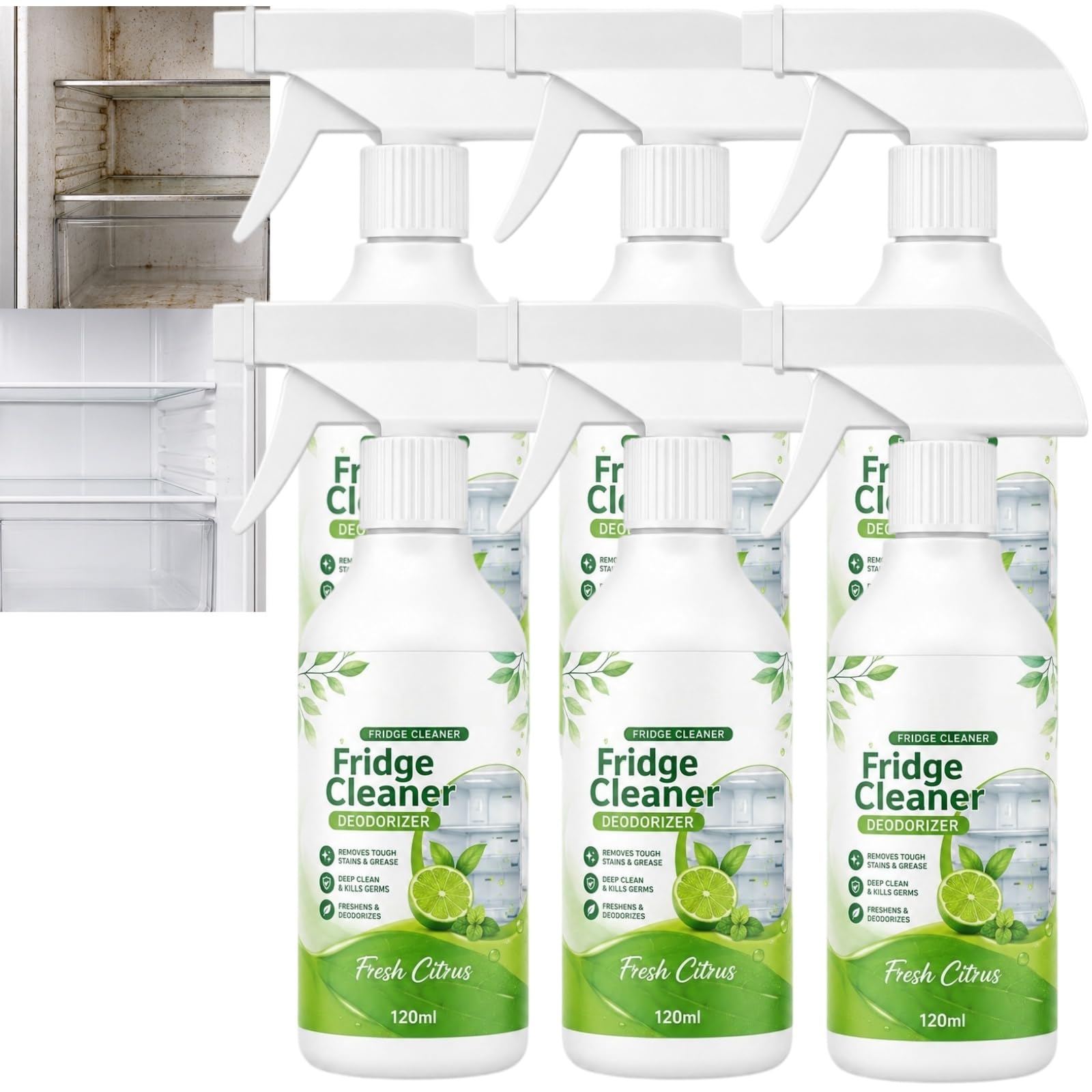 Spray per la pulizia profonda del frigorifero, deodorante per frigorifero per odori, macchie, grasso, fuoriuscite, scaffali interni, cassetti, guarnizioni per porte, soluzione per (6pcs)
