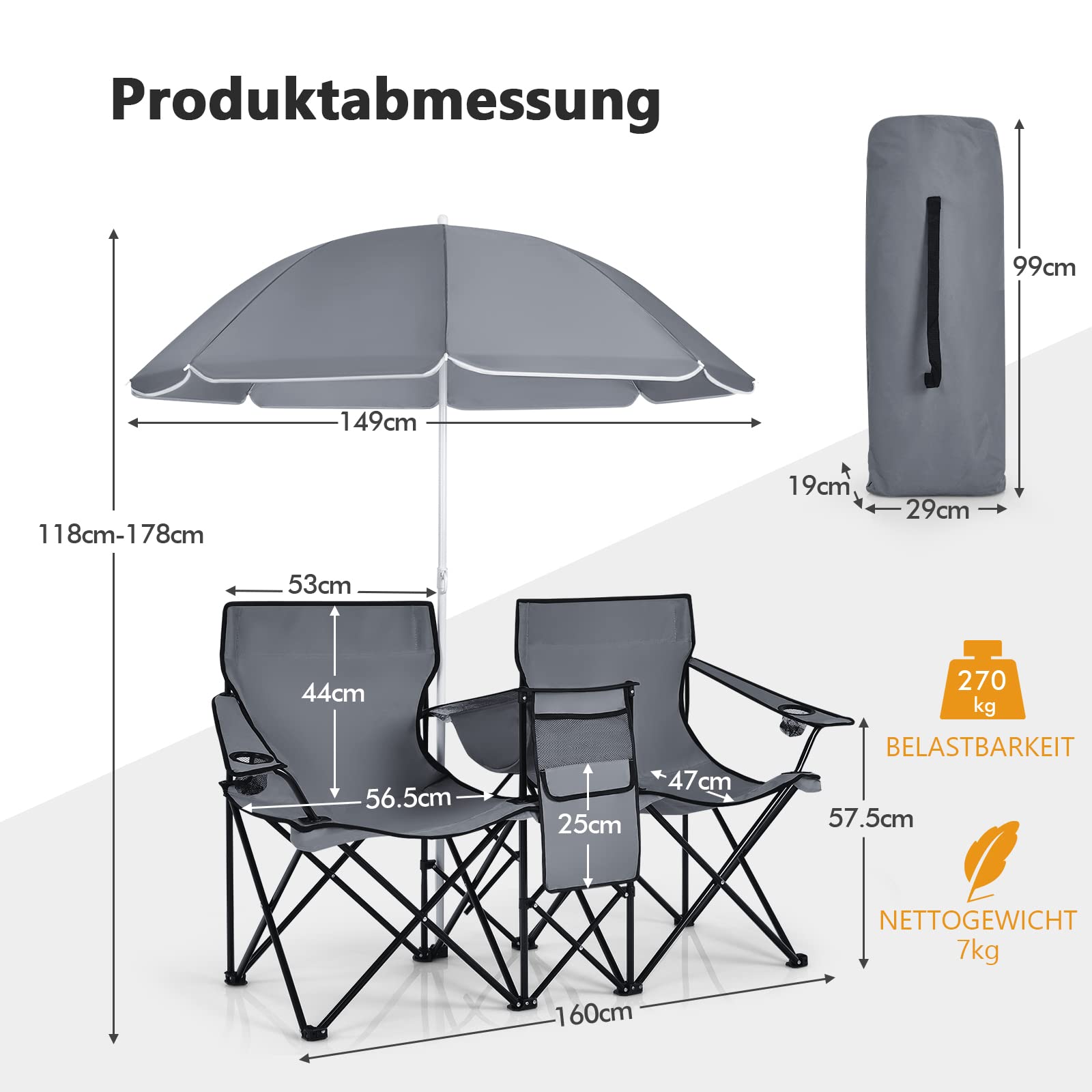 COSTWAY 2-zits campingstoel met zonwering, mini-tafel, koeltas en bekerhouder, inklapbare visstoel met draagtas, vouwstoel, klapstoel voor kamperen, vissen, picknick (marineblauw