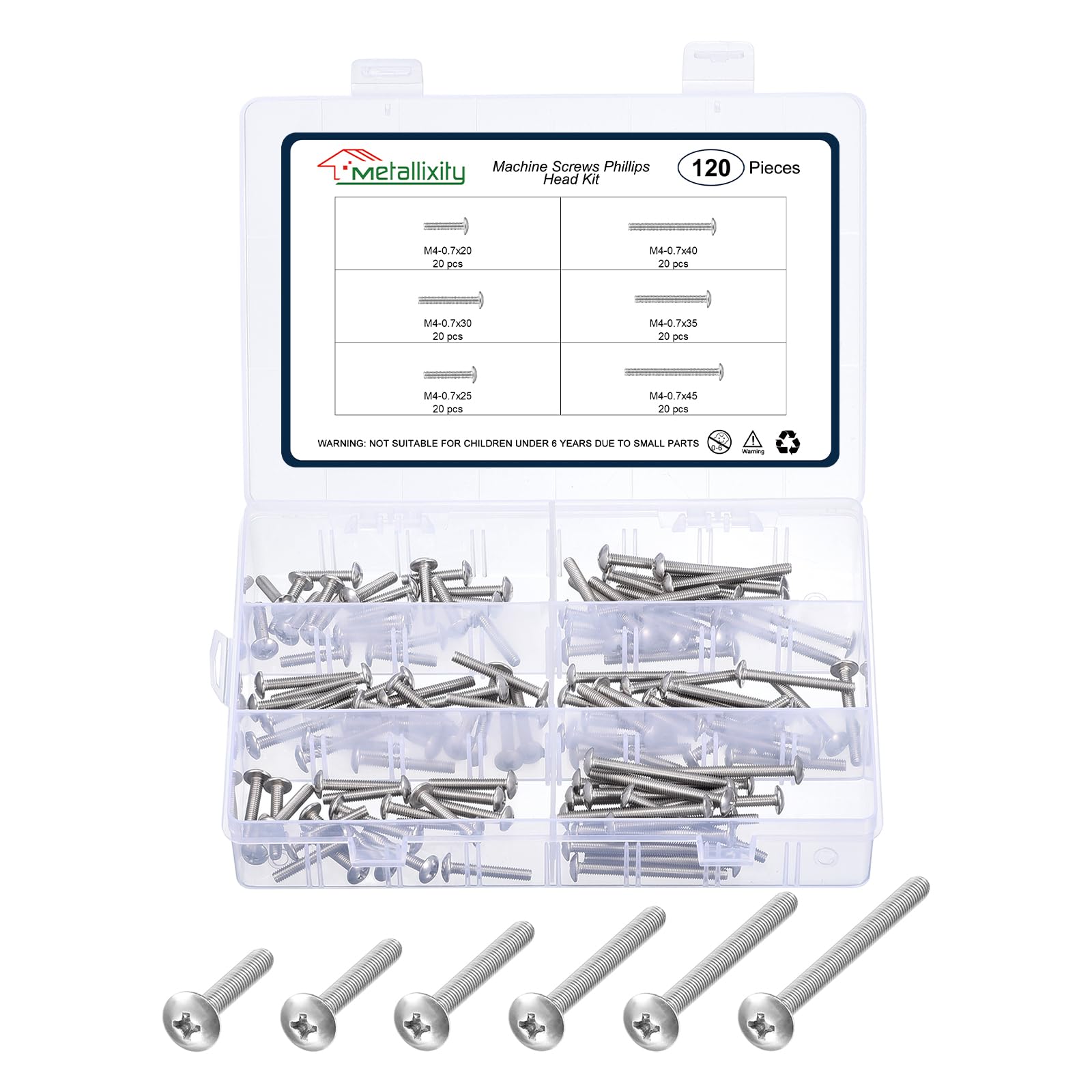 METALLIXITY Machine Screws Phillips Head(M4x20/25/30/35/40/45mm) 120Pcs