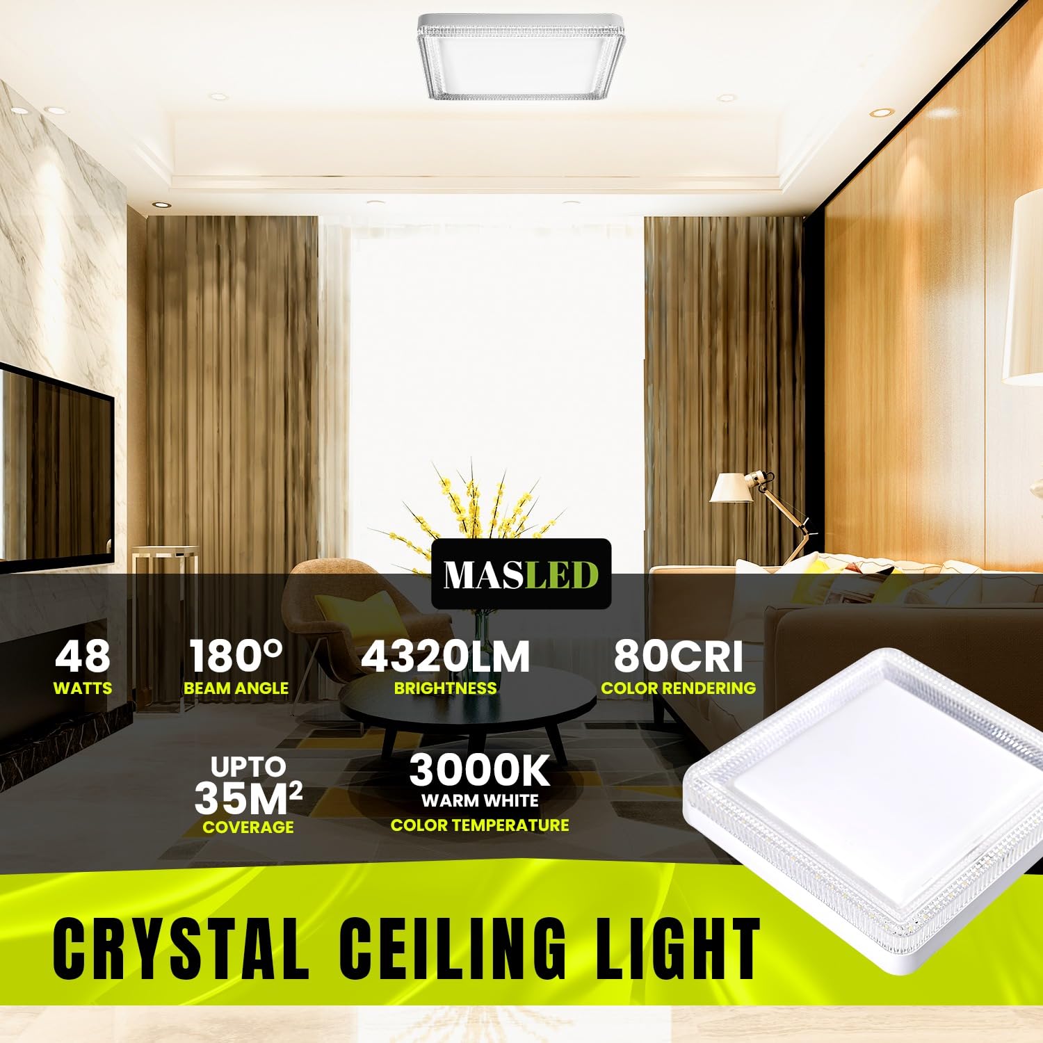 ONEGlobal MASLED 48W LED Square Ceiling Light with Crystal Lampshade - Image 3
