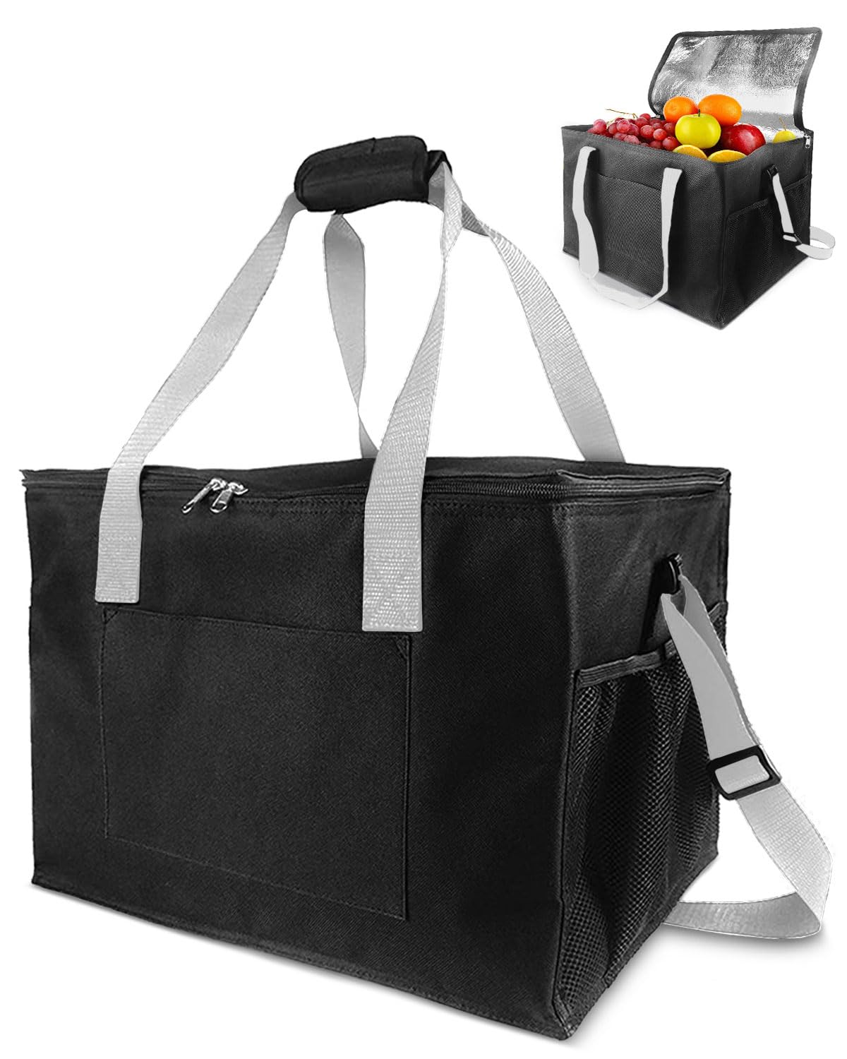 Evolpor 35L Foldable Insulated Cooler Bag β Reinforced Handle, Cooler Bag Picnic Bag with Dual Mesh Pockets, Lightweight & Leak-Proof Cool Box for Camping, Travel, BBQ, Picnic, Fishing(Black)