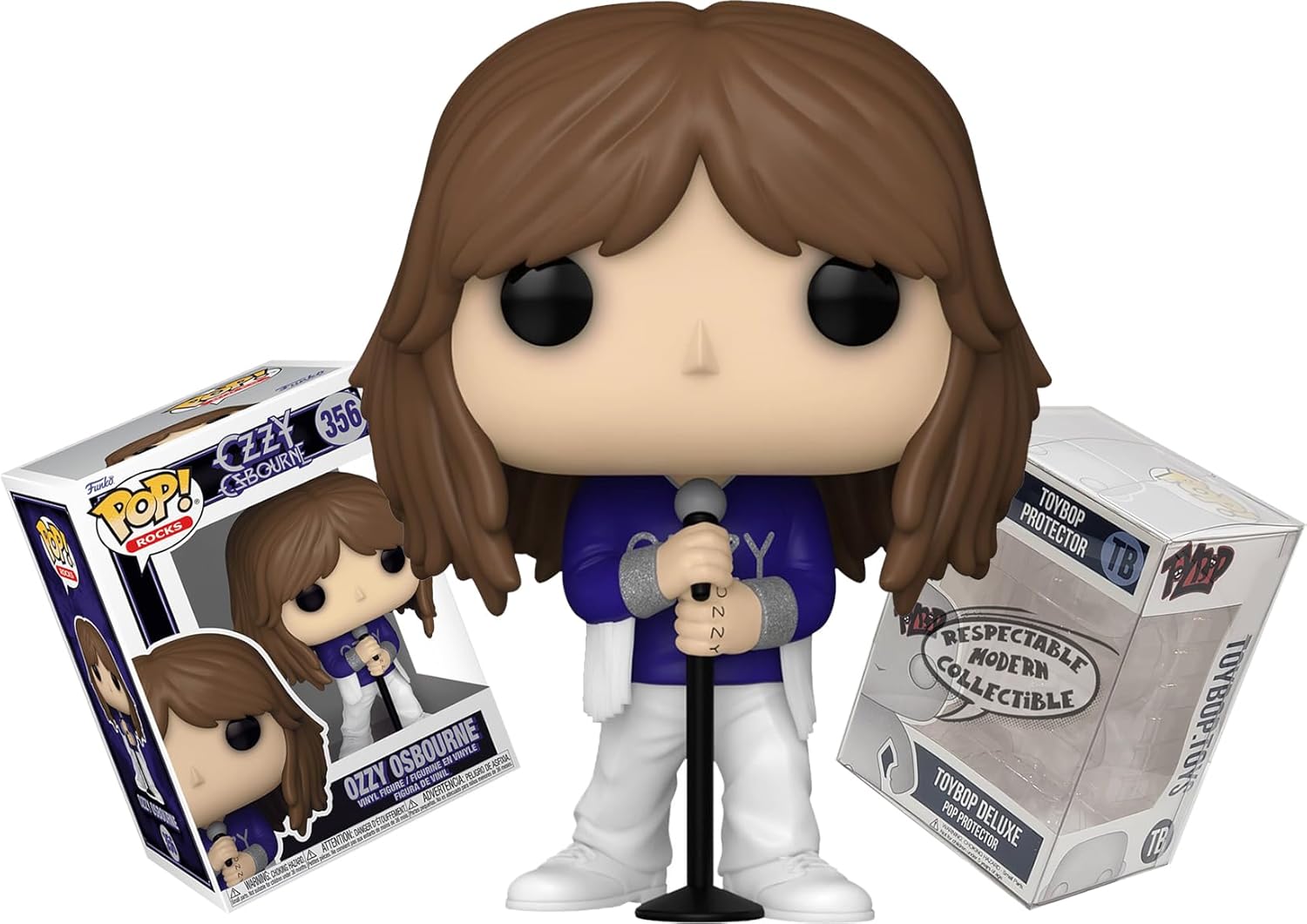 Funko Ozzy Osbourne Glitter in White Fringe with Microphone Stand + ToyBop Protector: Pop! Rocks Vinyl Figure (Bundled with Pro-Deluxe Pop Protector Collector Case Box Gift Set)