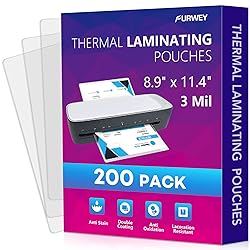 FURWEY 200 Pack Laminating Sheets, 3 mil, 8.9" x 11.4" Thermal Laminating Pouches Lamination Sheet Paper for Laminator, Clear, Letter Size, Office and School Supplies