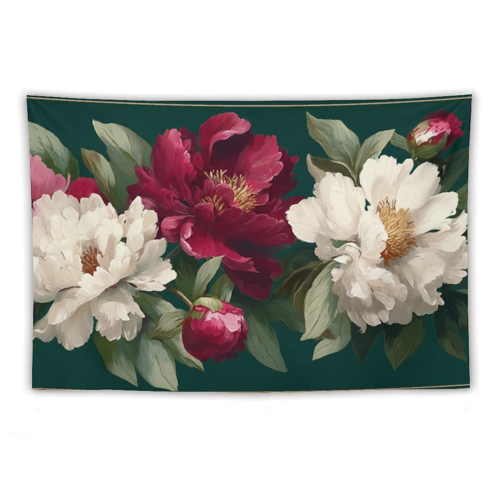 Jubonexis Deep Pink White Burgundy Peonies Green Leaves Tapestry Polyester Aesthetic Wall Hanging Bedroom Living Room Dorm Decor 40"x60"