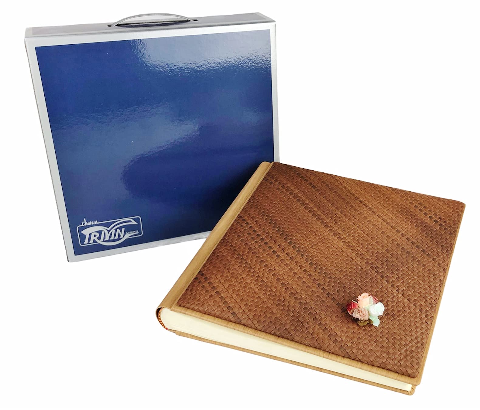 TriVin Art Álbum de fotos artesanal fabricado en Italia en imitación de piel fina y panel de canasta varios colores. (30 x 30 cm, 40 hojas de marfil) apto para cualquier evento (miel, canasta marrón
