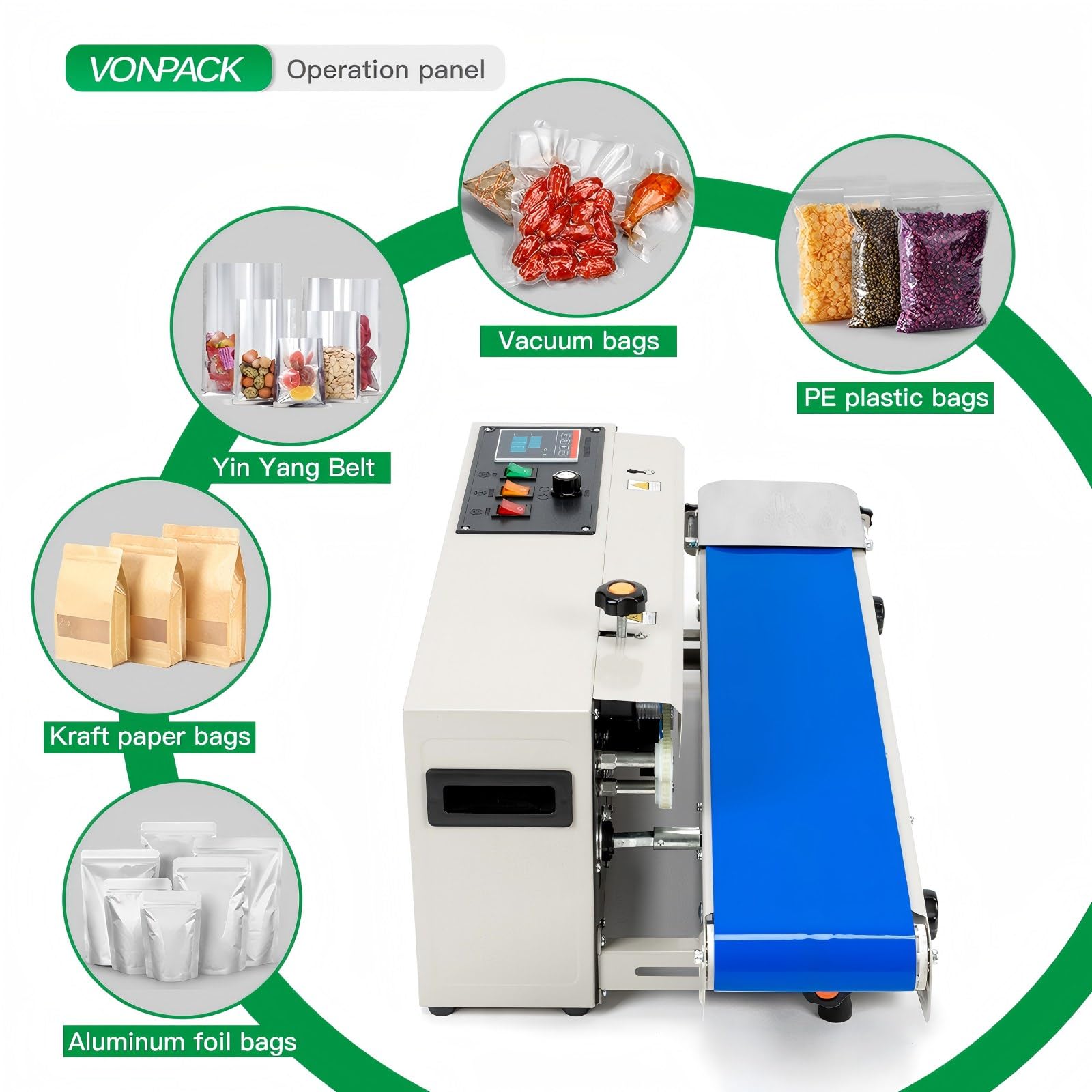 VONPACK FR-900 Máquina automática de sellado de banda continua, sellador de bolsas, fábrica industrial, máquina de embalaje de cocina, sellado térmico, control inteligente de temperatura ajustable