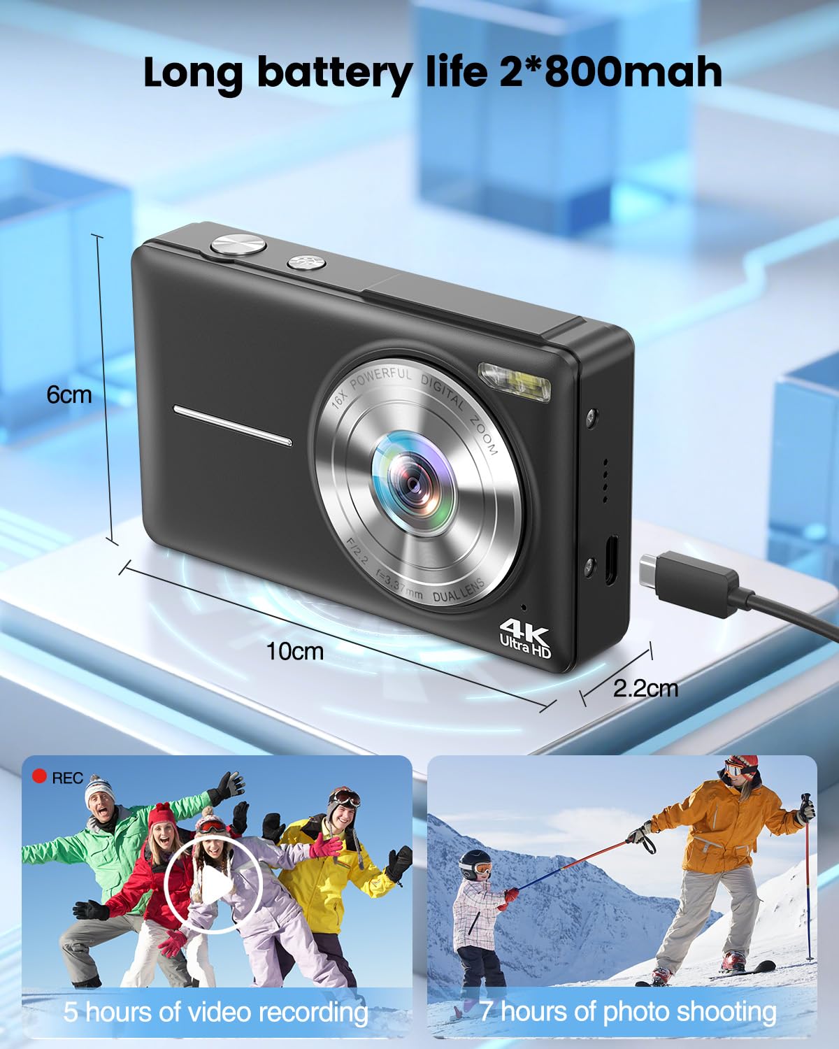 Cámara Digital 4K de 64 MP, Enfoque automático, cámara de Fotos Dual con Tarjeta de 32 GB, Zoom Digital de 16X, cámara Digital compacta con 2 baterías para Principiantes y Adolescentes