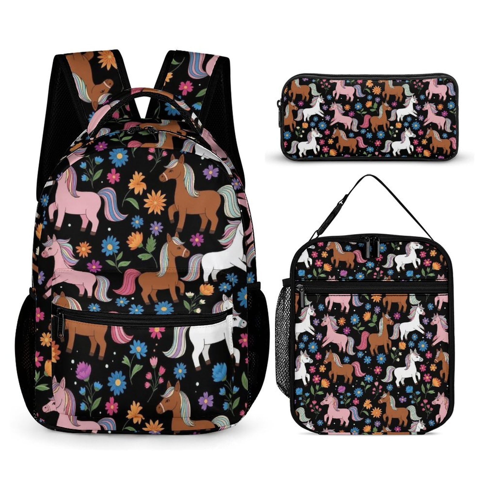 Conjunto de mochila de viaje con bolsas para el almuerzo y neceser. Mochila con forma de caballo y flores. Caja de almacenamiento para libros.