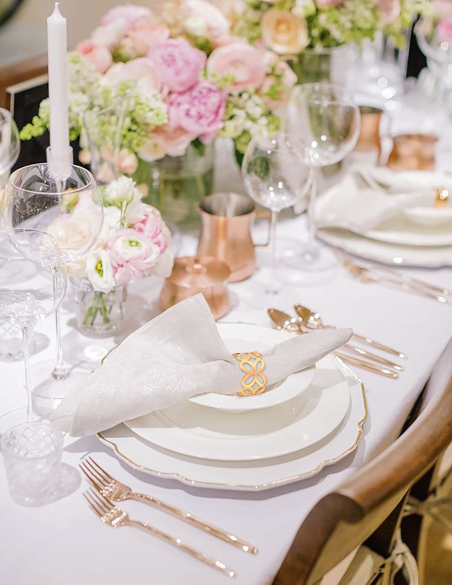 Napkin Rings Set of 12, Round Hallow Out Metal Napkin Serviette Holder for Table Settings Wedding Holiday Party Banquet Circle Serviette Buckle with Table Place Card (F: 12PCS Gold Butterfly)