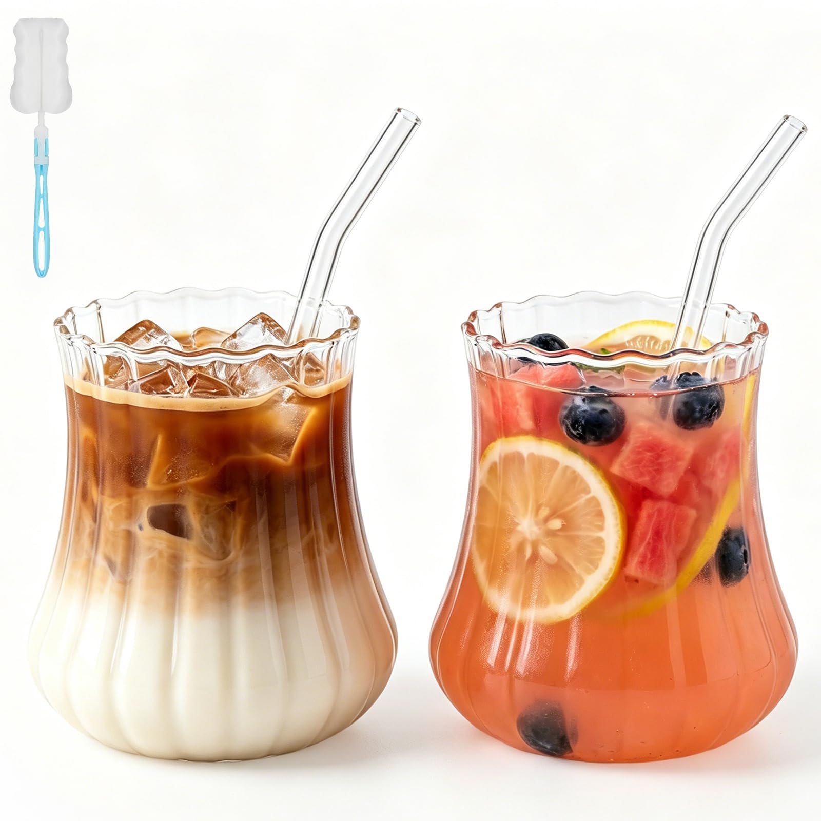 2Pcs 550ML Glass Mugs with Straws - Clear Iced Coffee Cup Matcha Ribbed Glass Cups Matcha Glasses with Straws Brush & Cup Brush for Ice Coffee Juice Drink Milk Tea Cocktail Wedding Birthday Gift