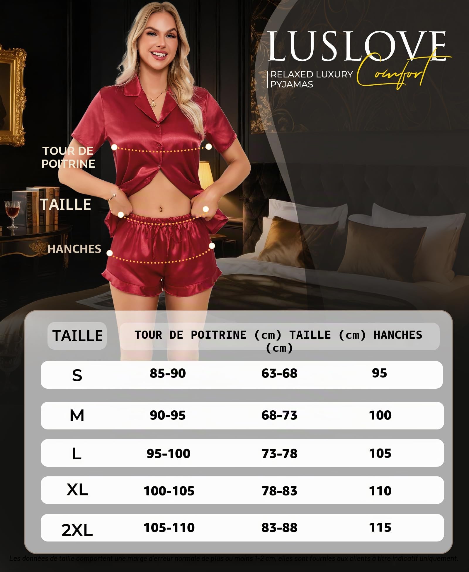 Ensembles de Pyjama Femme Satin - Vêtements de Nuit Ete Haut à Manches Courtes et Short