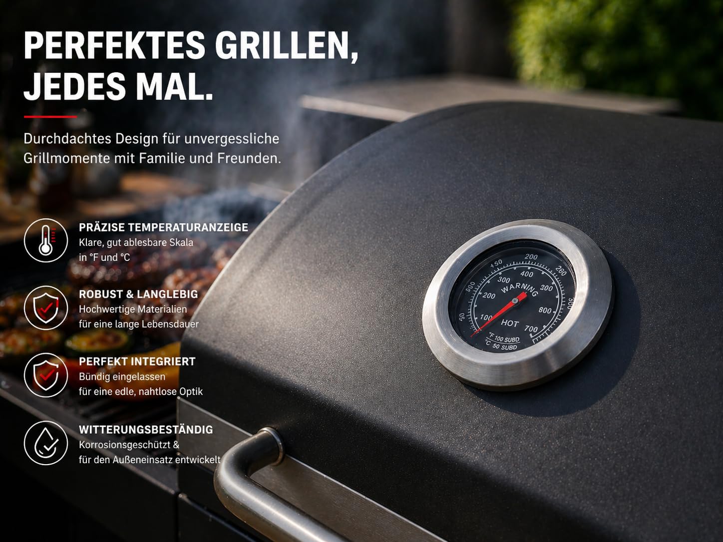 Holzkohlegrill XL BBQ Grillwagen Verstellbarer Standgrill mit Deckel Quadratischer Barbecue Gartengrill aus Eisen - Garten Camping Terrasse - Grillrost und Thermometer Holzkohle Grill