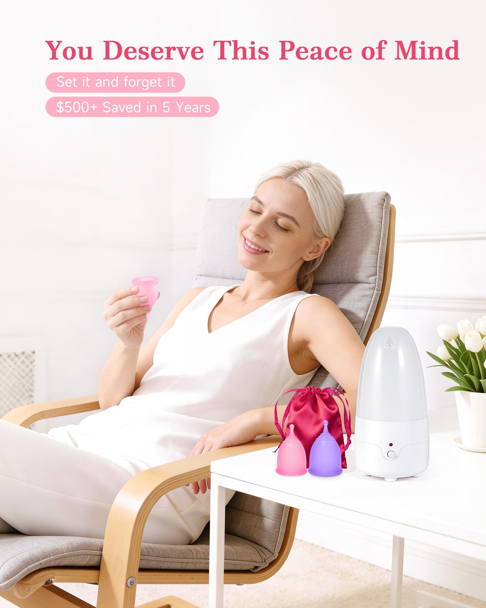Juego de 2 vasos menstruales reutilizables con esterilizador de copa menstrual, kit de lavado limpiador de copas menstruales, uso cómodo durante 12 horas (pequeño y grande)