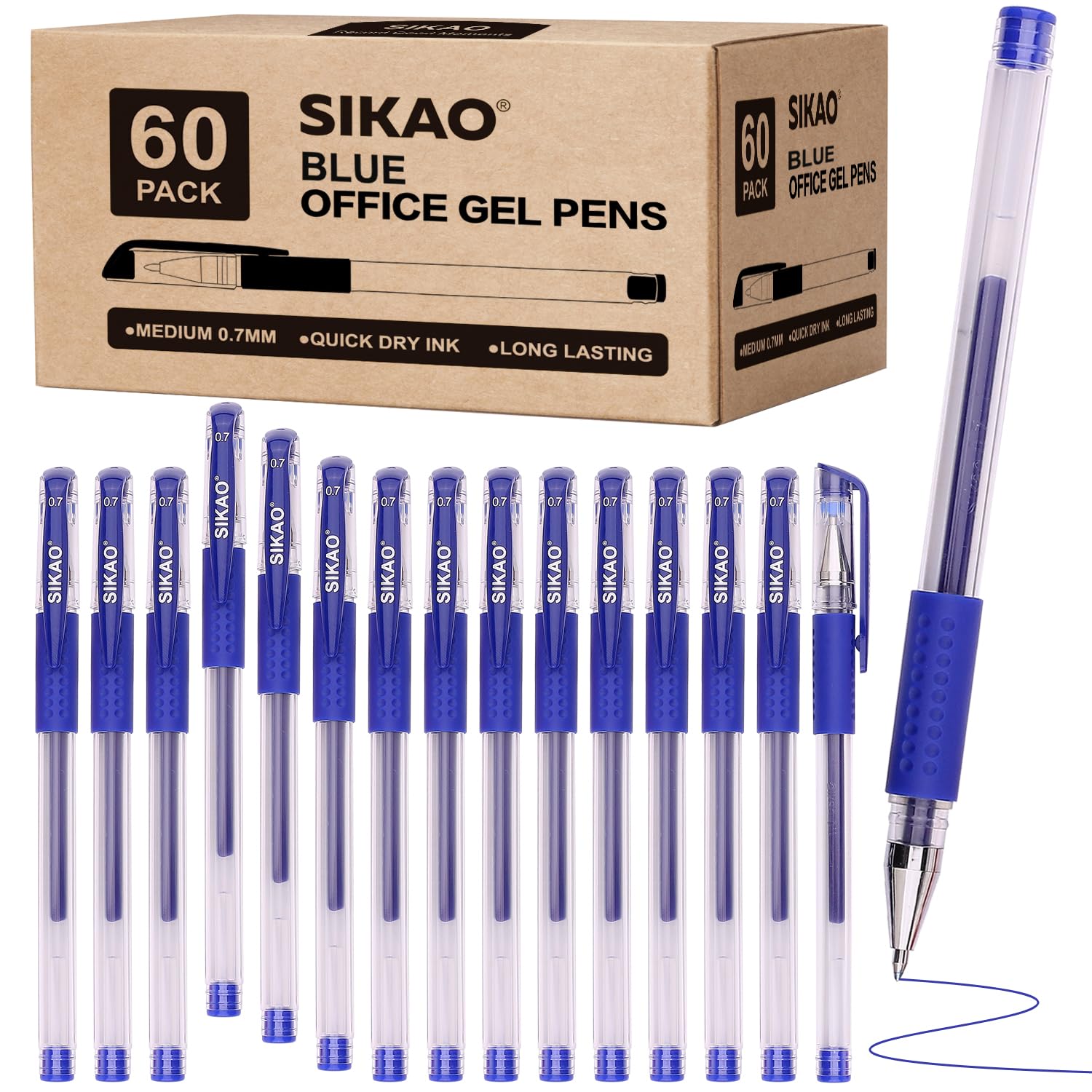 Sikao Blue Gel Pens Bulk, 60 Pack 0.7mm Fine Point Gel Ink Rollerball Pens, Smooth Quick-Dry Blue Ink No Smear, Comfortable Grip Pens for School, Office, Grading, Journaling & Note-Taking