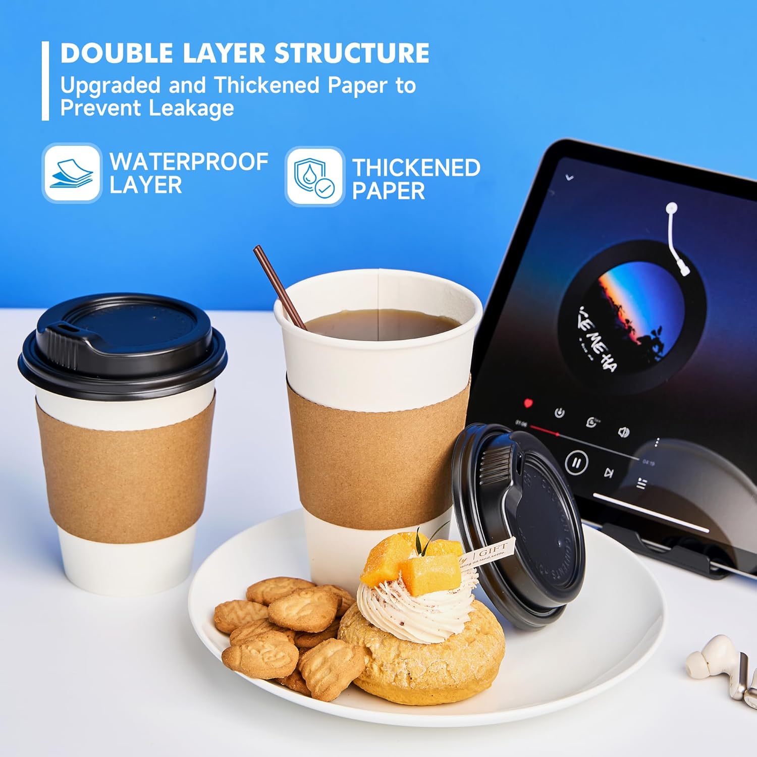 RACETOP 16 oz 100 Pack Disposable Paper Coffee Cups with Lids, Sleeves and Stirrers, Hot Cups, Paper Cups with Lids, Sleeves and Stirrers, Ideal for Home/Office - Image 2