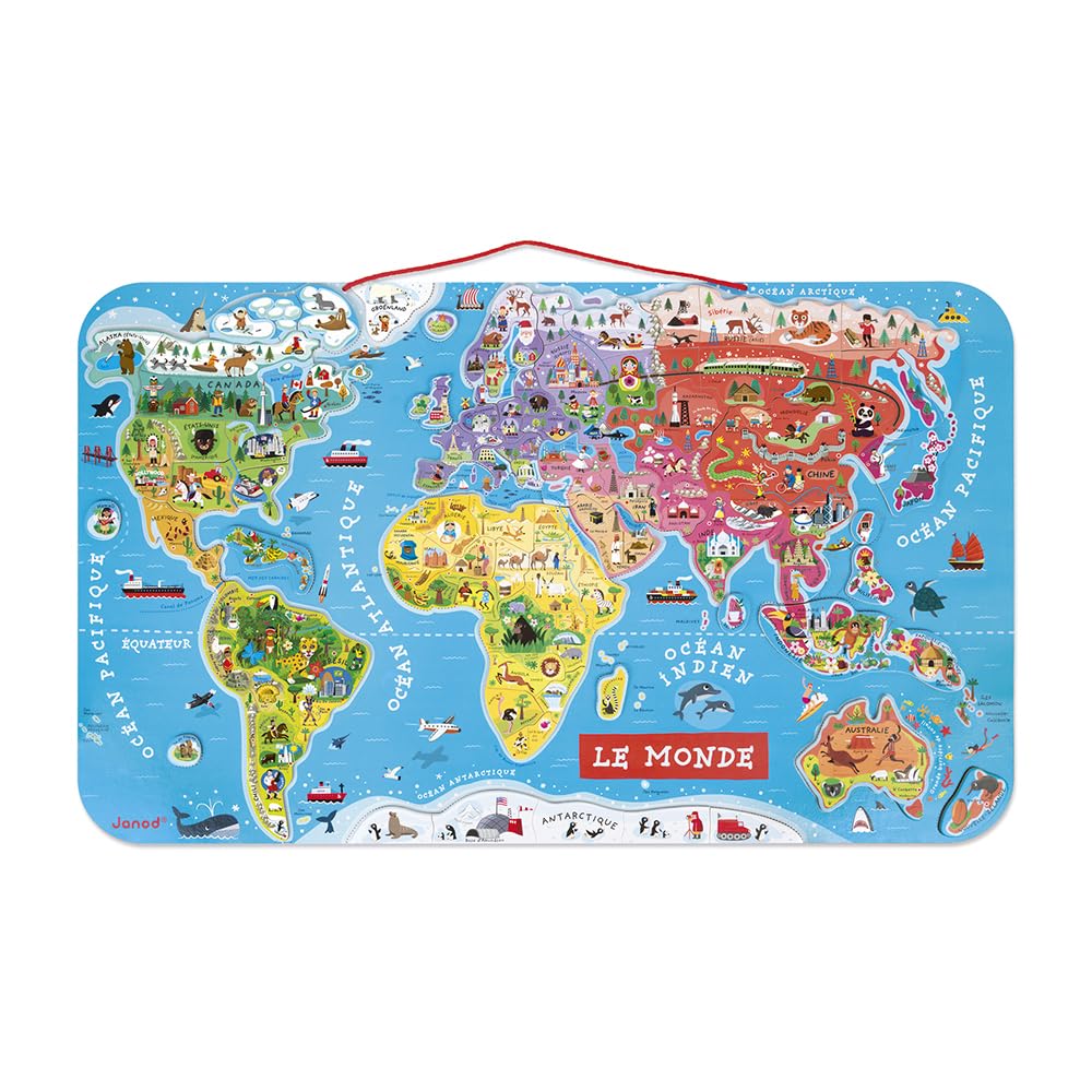 Janod - Wooden Magnetic World Map Puzzle - 92 Magnetic Pieces - 70 x 43 cm - French Version - Educational game from 7 years old, J05500 Metallic Silver