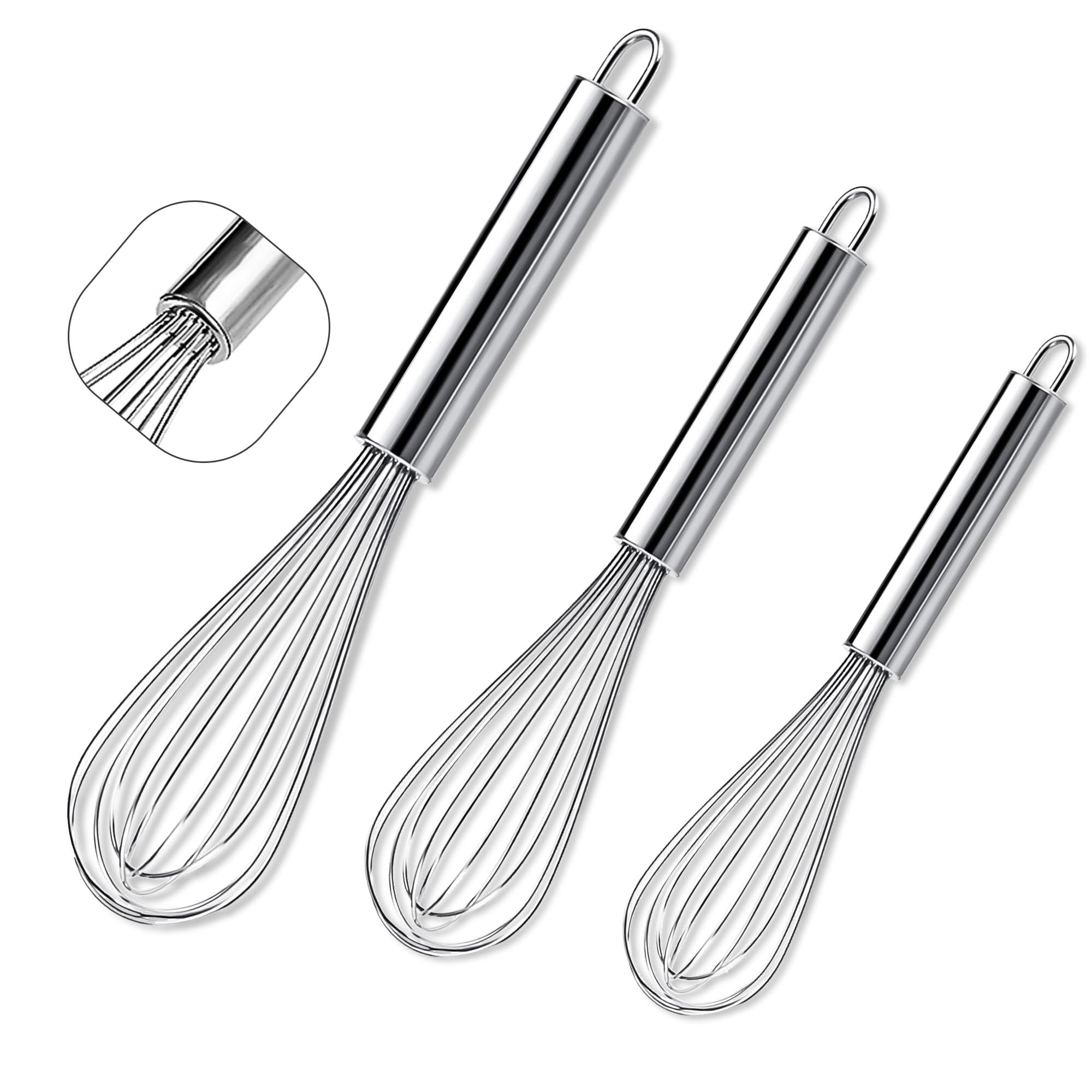Hand Whisk Set of 3 Pcs, 8" 10" 12" Stainless Steel Egg Whisk, Wire Whisk for Cooking, Balloon Whisk Manual Egg Beater Kitchen Utensils for Stirring, Blending