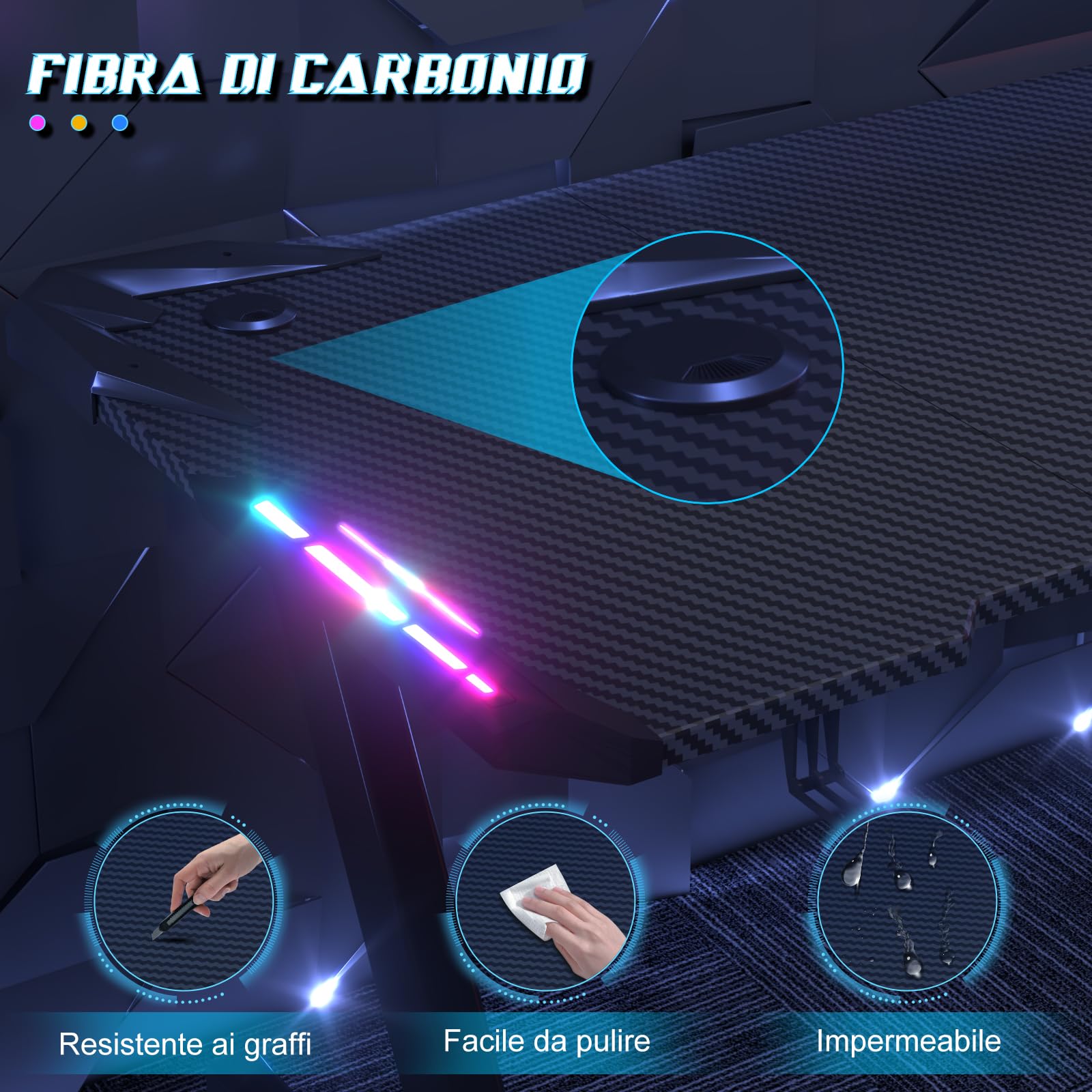 Scrivania Gaming LED 160x60 cm - Tavolo Gaming Ergonomico con Ganci per Cuffie e Piano in Fibra di Carbonio Nero, Scrivania per Computer Illuminazione RGB Regolabile, per Setup Gamer Professionale