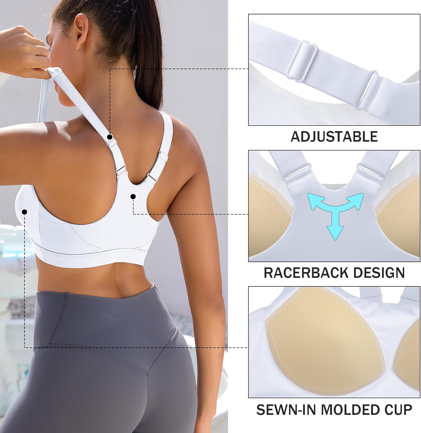 Vorcy Adjustable Sports Bras for Women High Impact Sports Bras Padded Racerback High Support Bras Workout Bra Yoga Bra