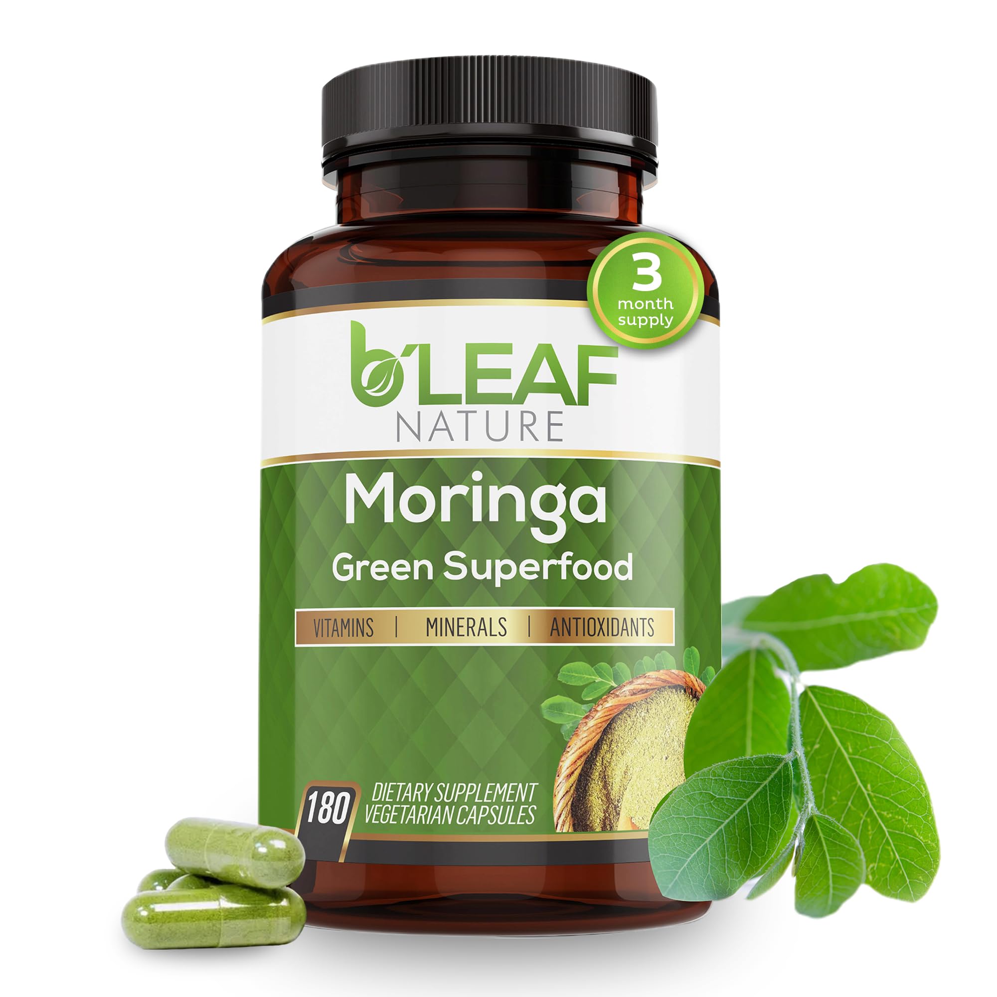 B'LEAF NATURE Moringa Leaf Vegan Capsules 1000mg Serving, 180 Count