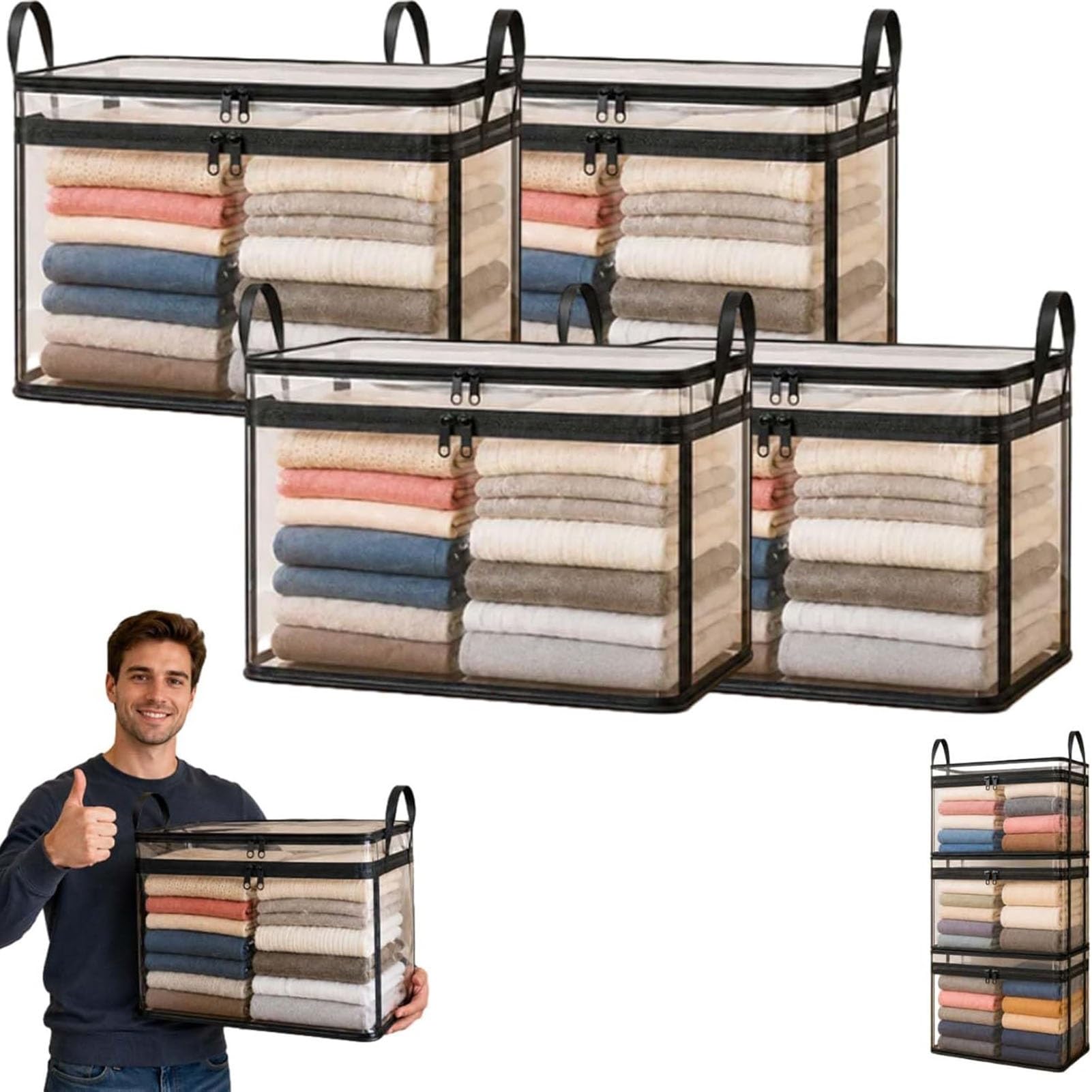 ZhuiFengAA Large Heavy-Duty Thick Plastic Clear Storage Bag For Clothes, Moving With Zipper Tote Bins Lids Packing Boxes College Extra Containers Dorm Organizers(4PCS)