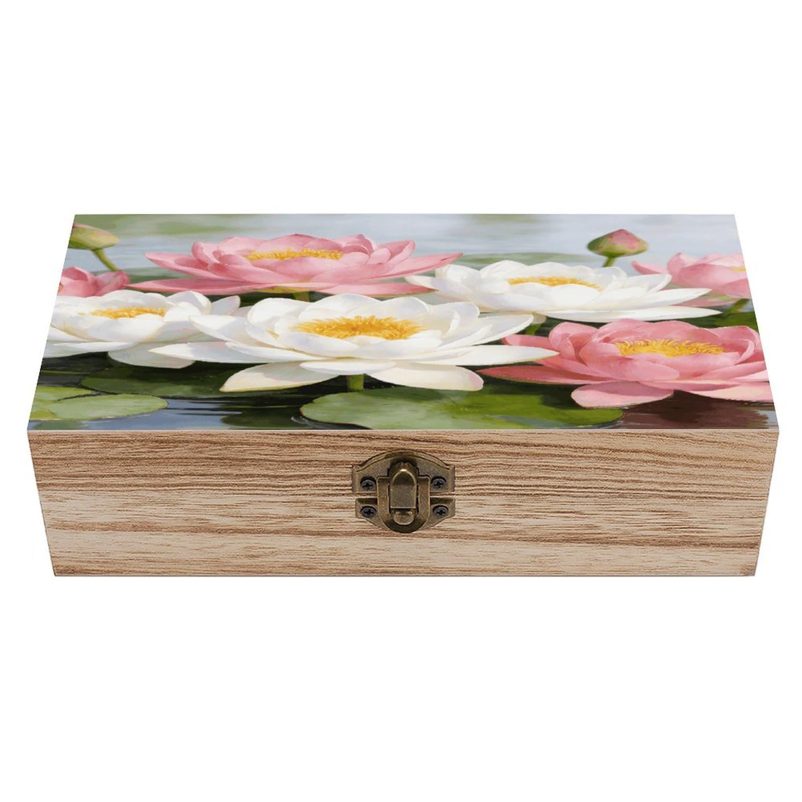 LZQPOEAS Clear Pond Lotus Rhythms Wooden Keepsake Box Wooden Storage Box Container with Hinged Lid Beautiful Wood Memory Box Decorative Jewelry Case for Crafts Art Hobbies & Trinket Storage