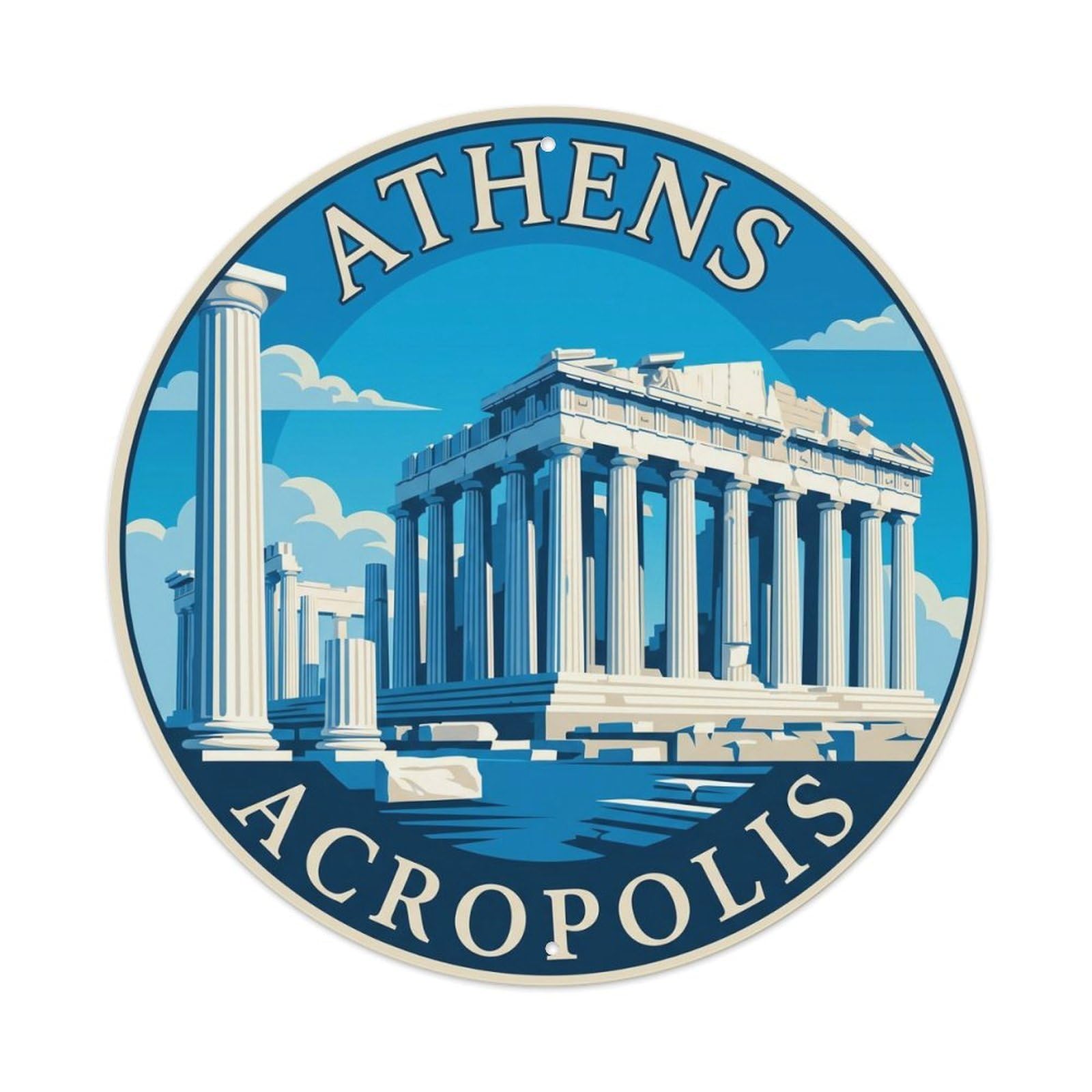 Vintage Travel Athens Parthenon Greece Metal Tin Sign Plaque Wall Decor for Cafe, Club Bar, Office, Home Garden Round Metal Poster 8x8Inch