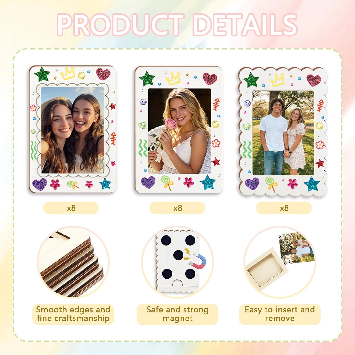 24 Pack Magnetic Wooden Picture Frames,DIY Crafts Magnetic Frames with Paintable Photo Frames,Watercolor Pencils & Stickers for Refrigerator Decor, Fridge Magnets, DIY Gifts for party favors