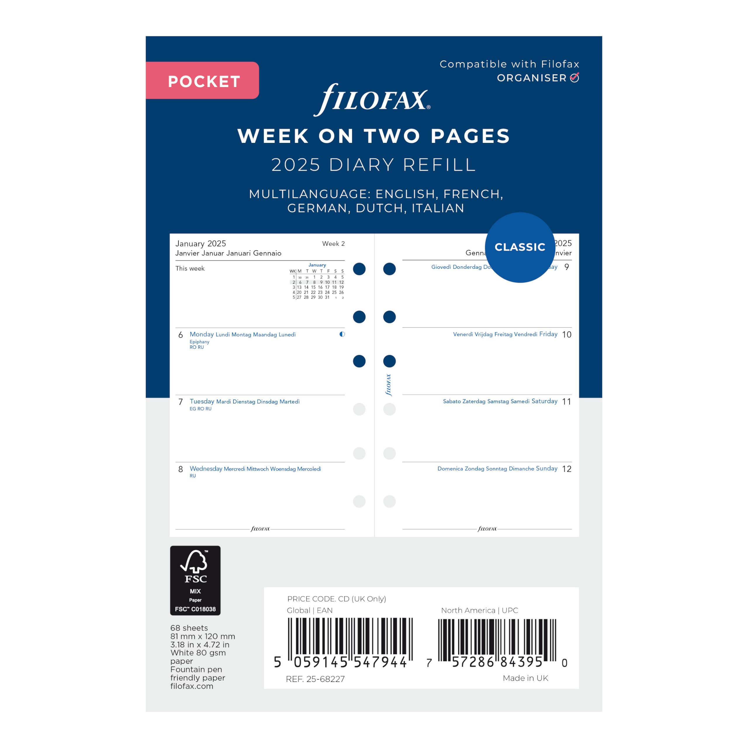 Filofax C68227-25 - Ricarica per agenda, formato tascabile, visualizzazione settimanale, carta bianca, senza righe, multilingue: cinque lingue, 2025