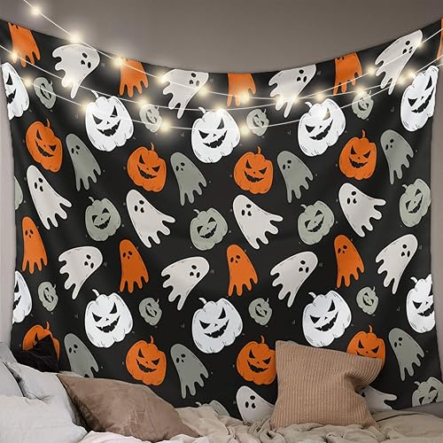Tapiz de Halloween para colgar en la pared, fantasma, monstruo de calabazas, tapiz estético lindo de dibujos animados naranja para dormitorio, sala