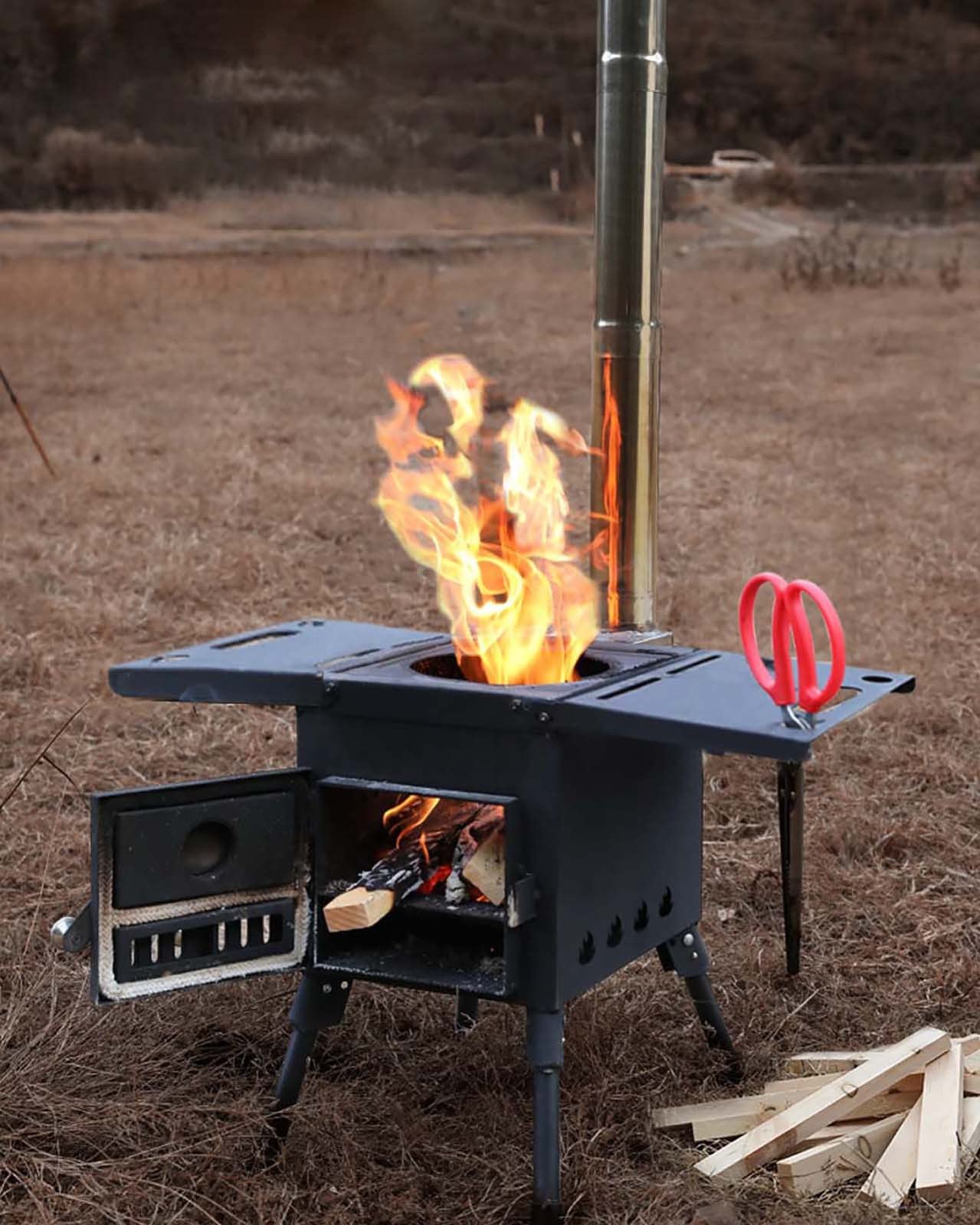 Zeltofen Campingkocher Tragbarer Holzofen für Camping, Zelt Holzofen mit 3 Schornsteinpfeife Holzofen Campingofen Hobo Kocher für Camping Grillparty Wandern Reisen Rucksackreisen(Color:Steel Pla