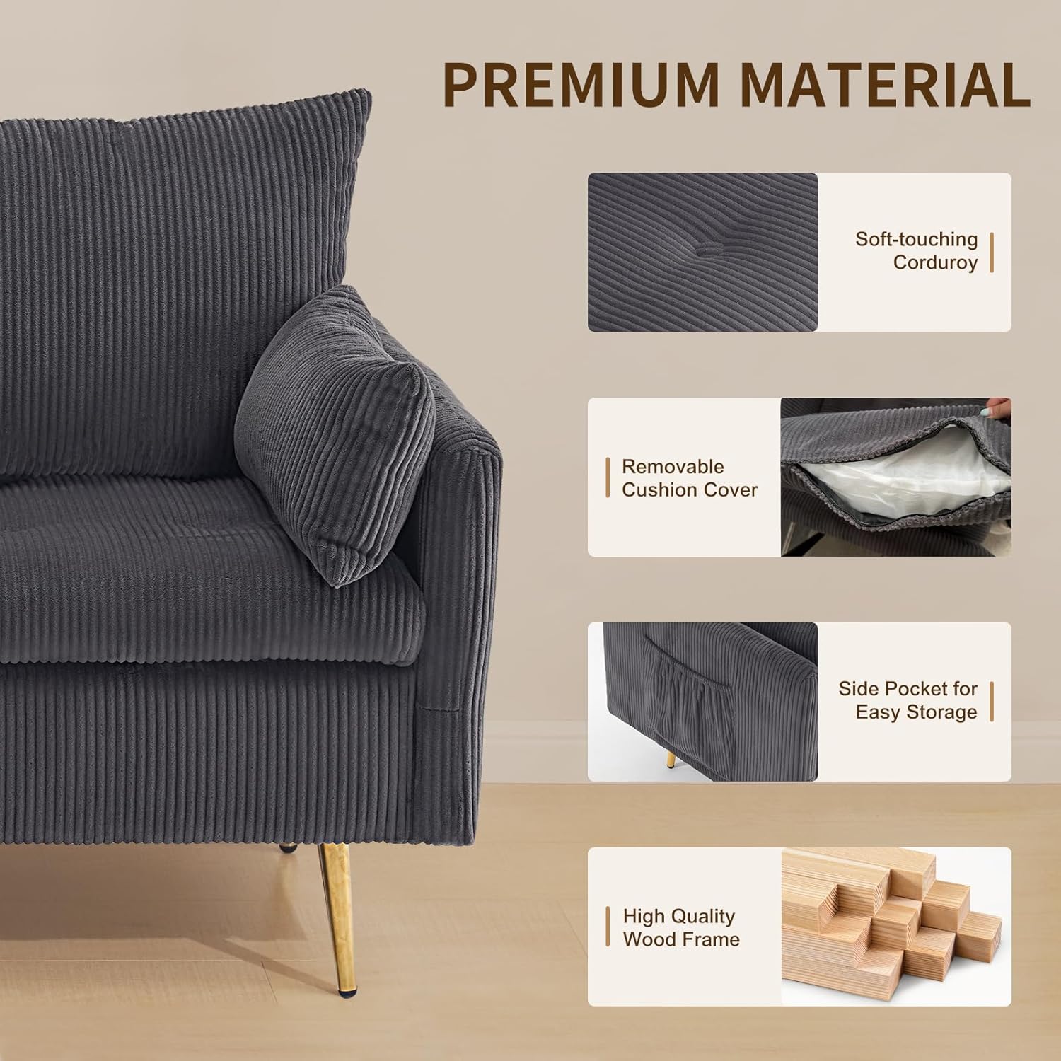 Furnimart 3-Piece Storage Sofa and Couch Set, Corduroy Loveseat with 2pc Accent Single Chairs, Small Living Room Furniture Set for Apartment, Tiny Homes and Lofts, 3PC-Gray