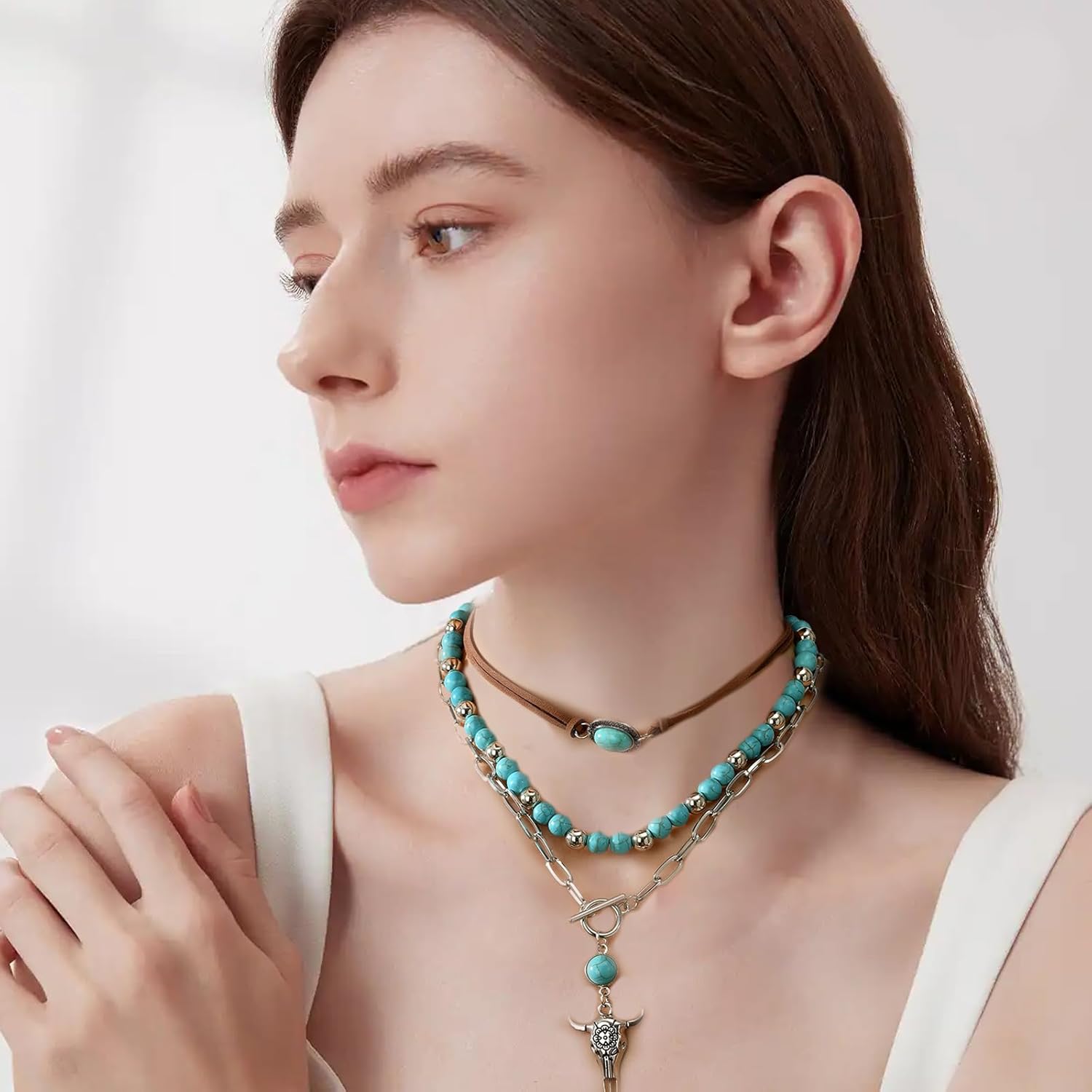 Layered Western Necklaces for Women,Vintage Turquoise Beaded Necklaces,Western Jewelry for Women,Ox-head Cactus Cross Chain Necklaces, Country Concert Cowgirl Dresses Accessories (1539) - Image 6