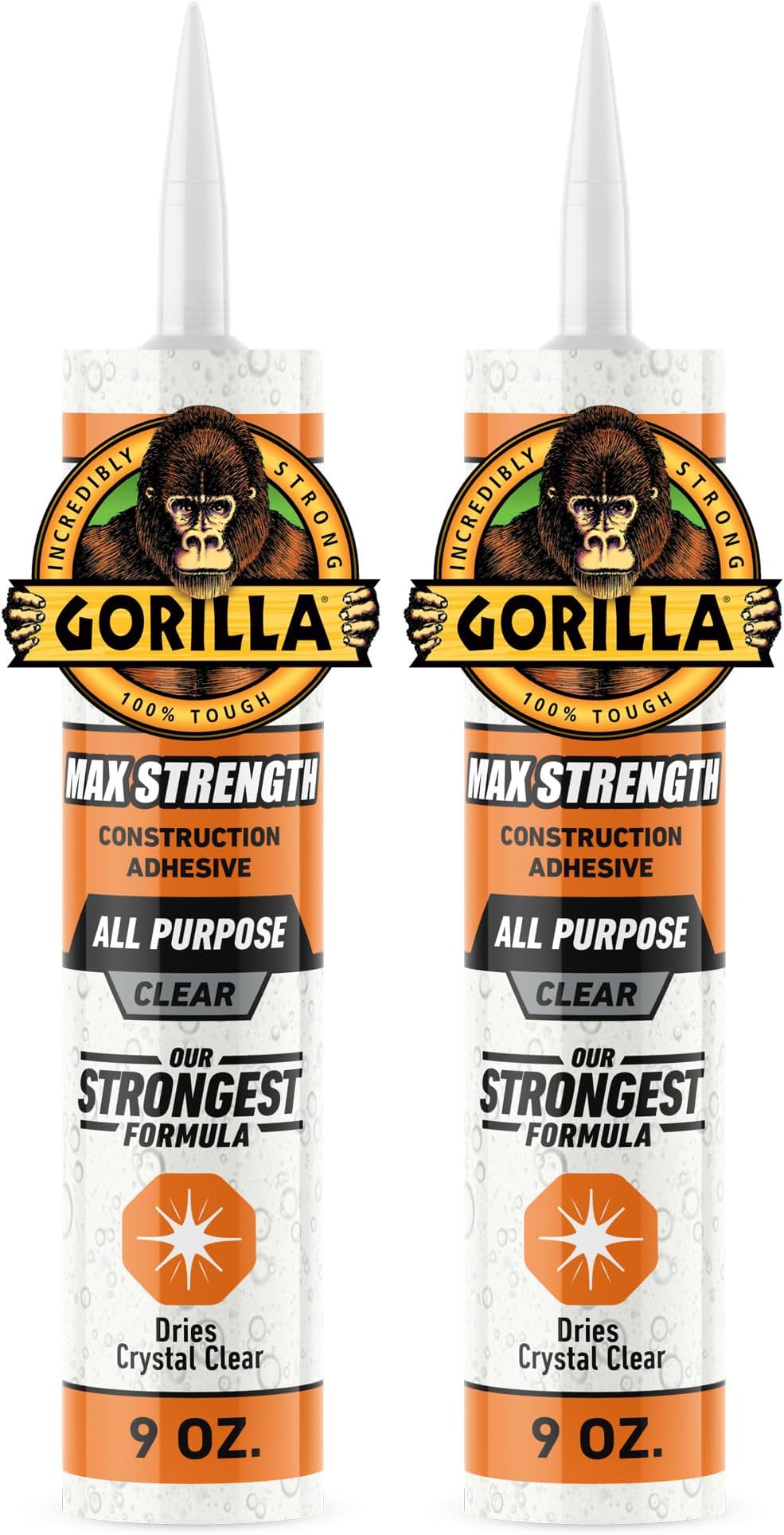 Max Strength Clear Construction Adhesive, 9 Ounce Cartridge, Clear, (Pack of 2)