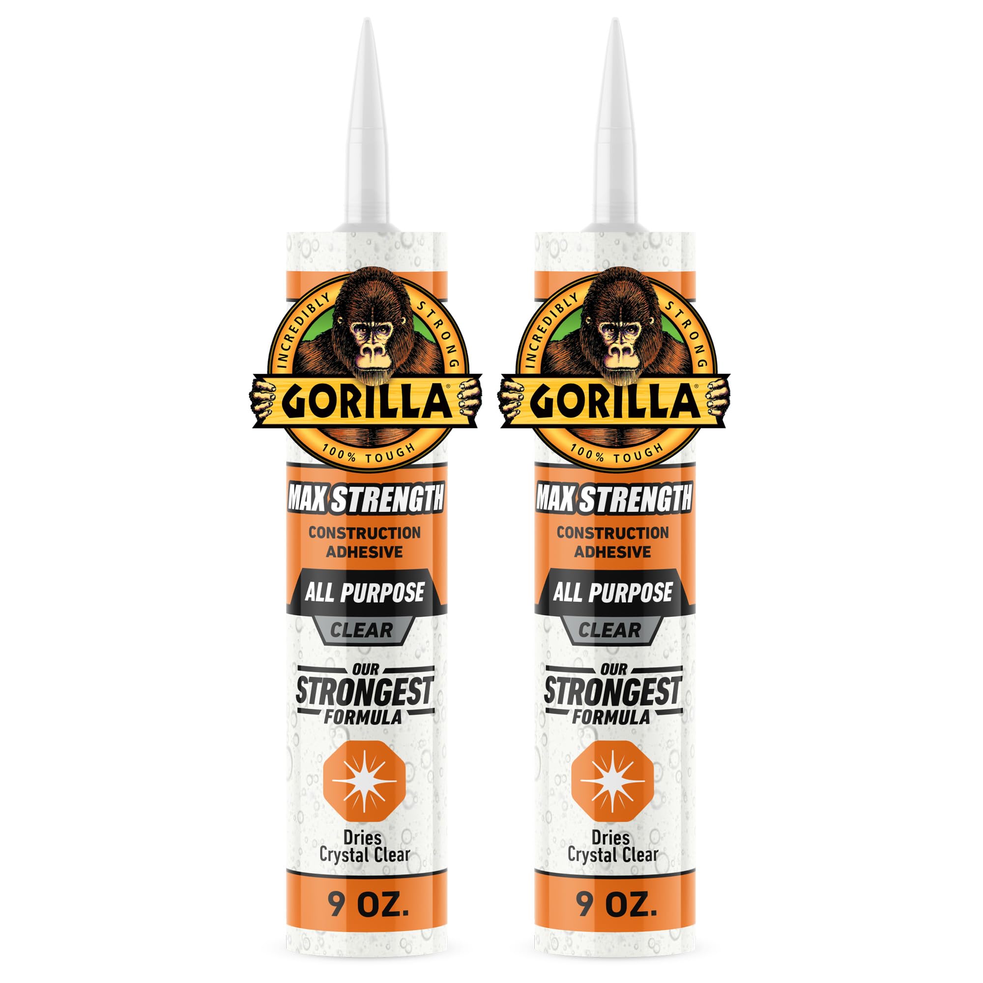 Gorilla Max Strength Construction Adhesive, Clear Glue, 9 Ounce Cartridge (Pack of 2) - Gap Filling and Waterproof