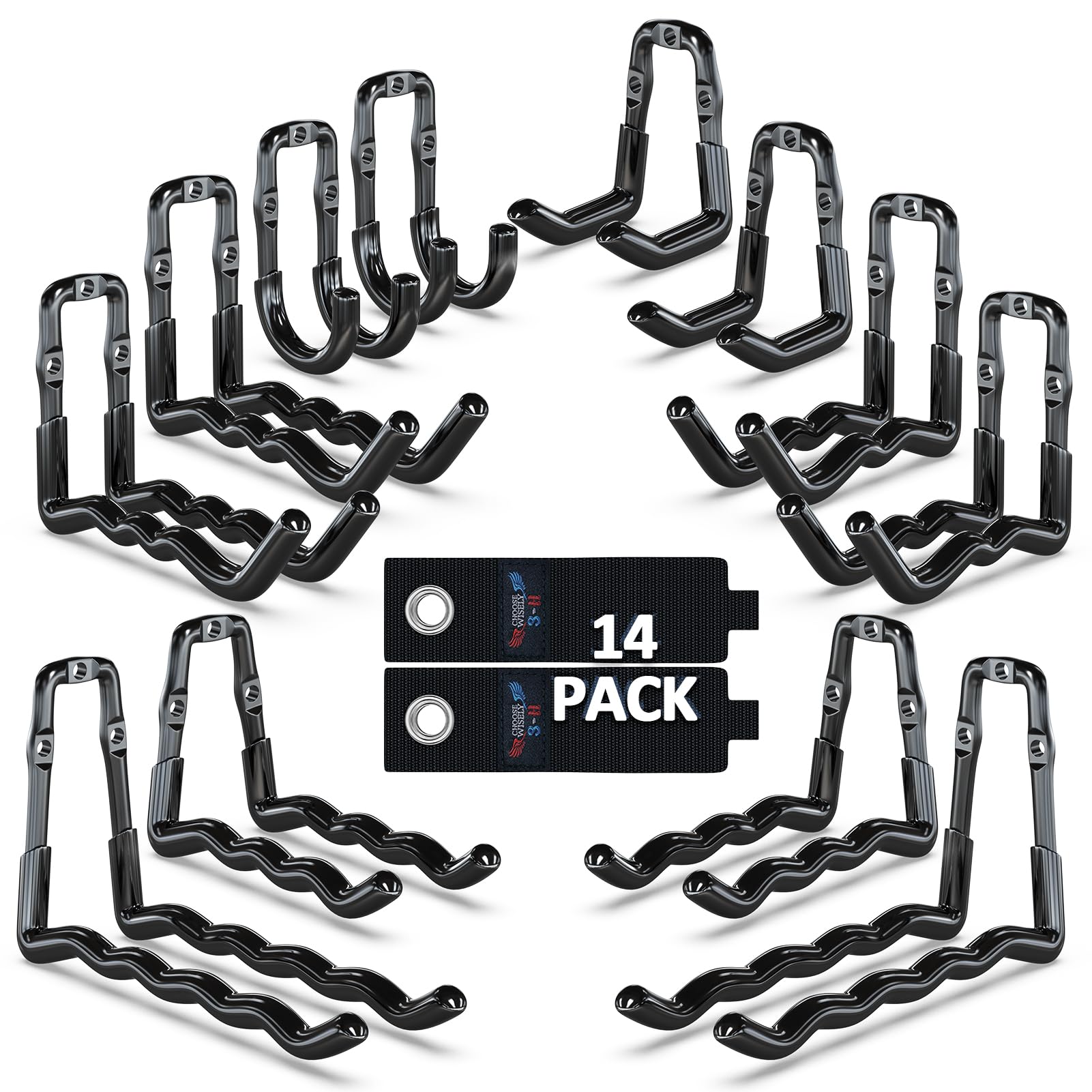 3-H Super Heavy Duty Garage Hooks 14 Pack, One-Piece Construction Garage Wall Hooks, Garage Hanger &amp; Organizer Wall Mount for Ladders, Bikes, Chairs, WeedEaters, Shovels, Garden Tools (Black)