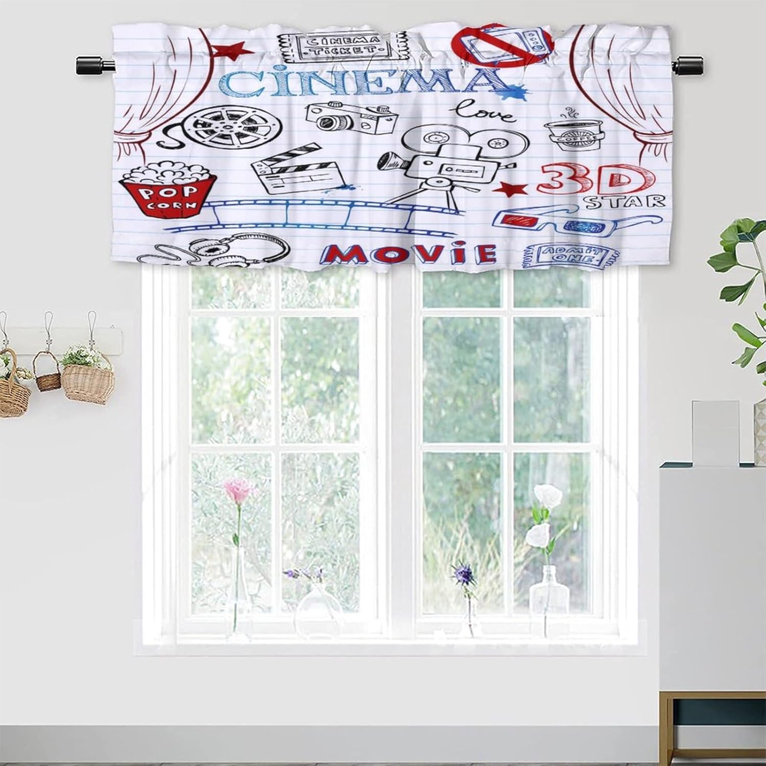 Movie Theater Cinema Window Treatment Valances,Abstract Modern Art Film Reel Drink Tickets Theme Pattern Rod Pocket Curtain Valance for Kitchen,Bathroom,Living Room,Bedroom 54x18inch（1Pcs）