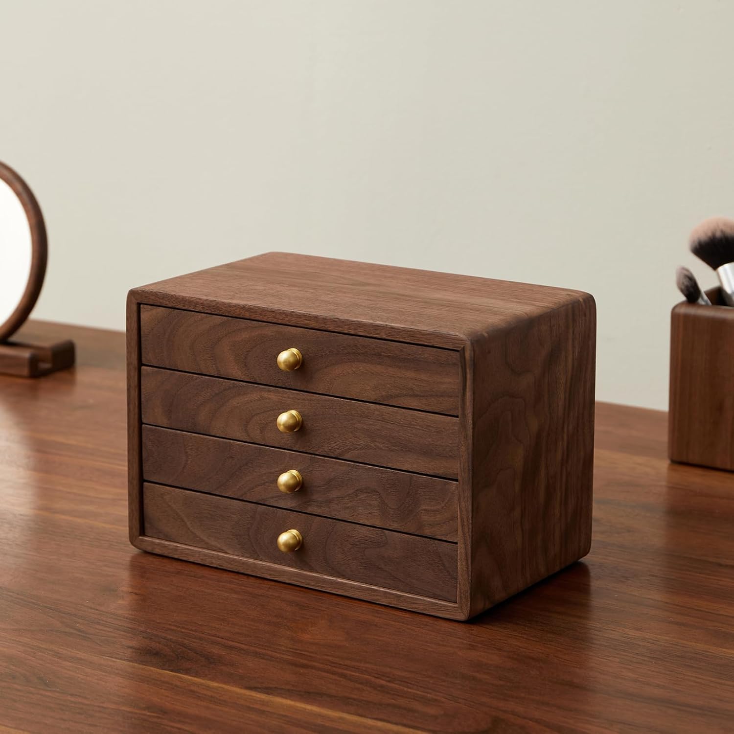 Wooden Jewelry Box for Women Men, Large Velvet Lined Organizer with 4 Drawers, Solid Black Walnut Brass Handles, Jewelry Storage Box for Rings, Necklaces, Earrings - Image 3