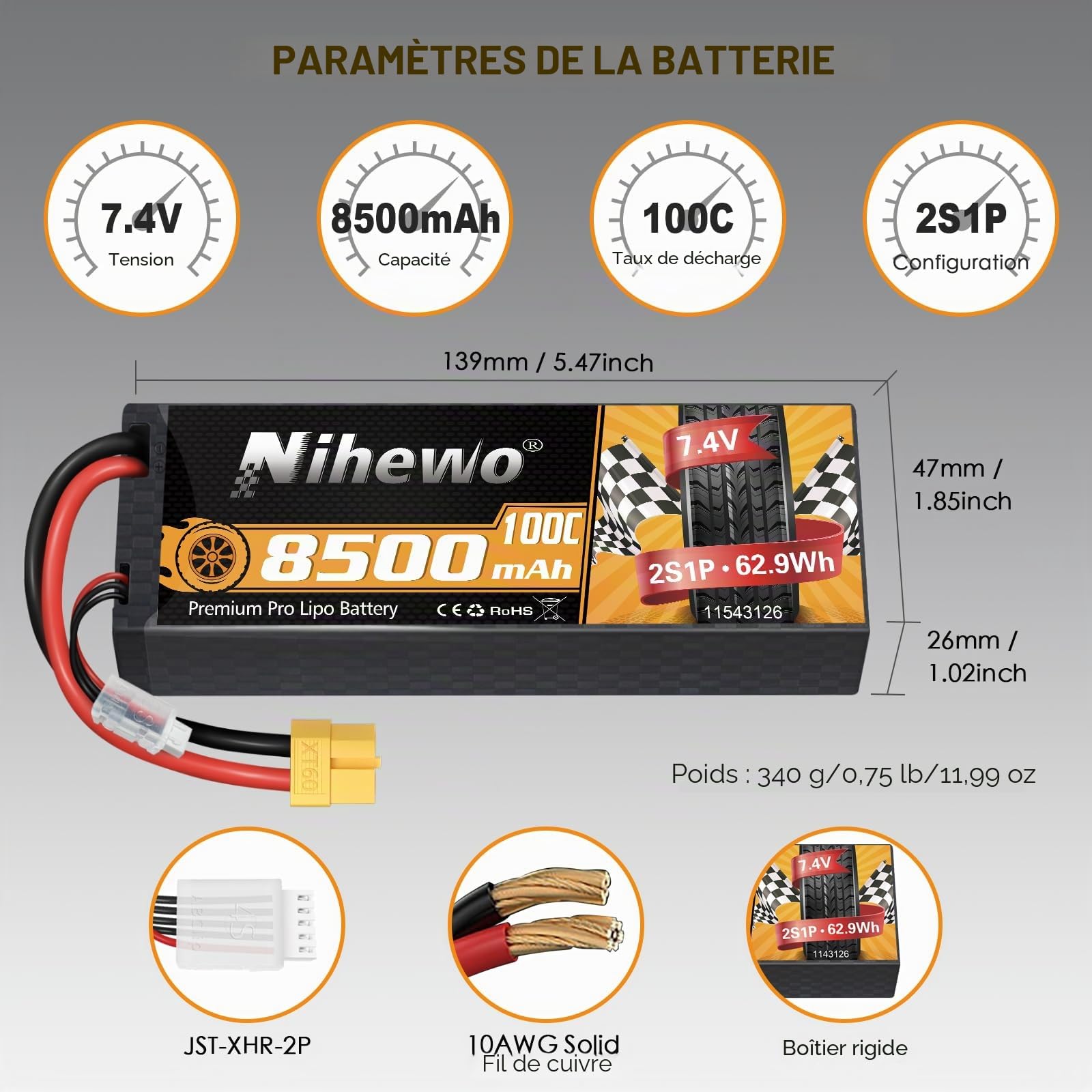 Batterie LiPo 7,4V 2S 8500mAh 100C à Coque Dure XT60 pour véhicule RC 2pcs