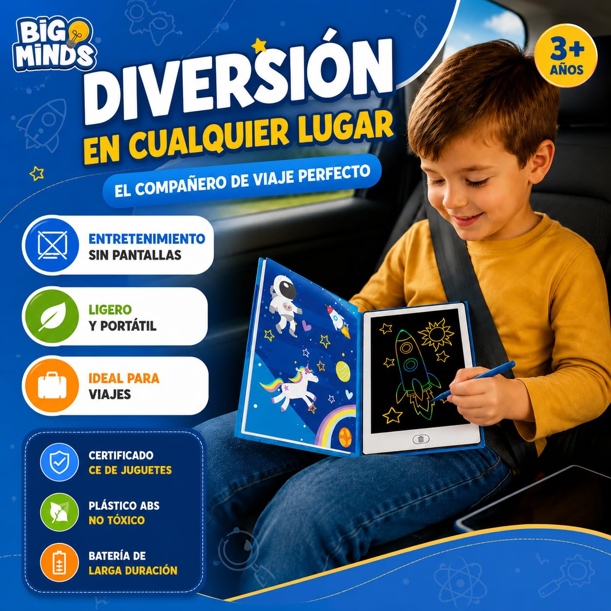 Big Minds - Pizarra Magica Infantil Space Lcd | Tableta Escritura Niños Formato Libro | Pizarra Magnetica Infantil 20 Plantillas Reversibles | Tablet Para Niños Borrable | Regalos 4 Años