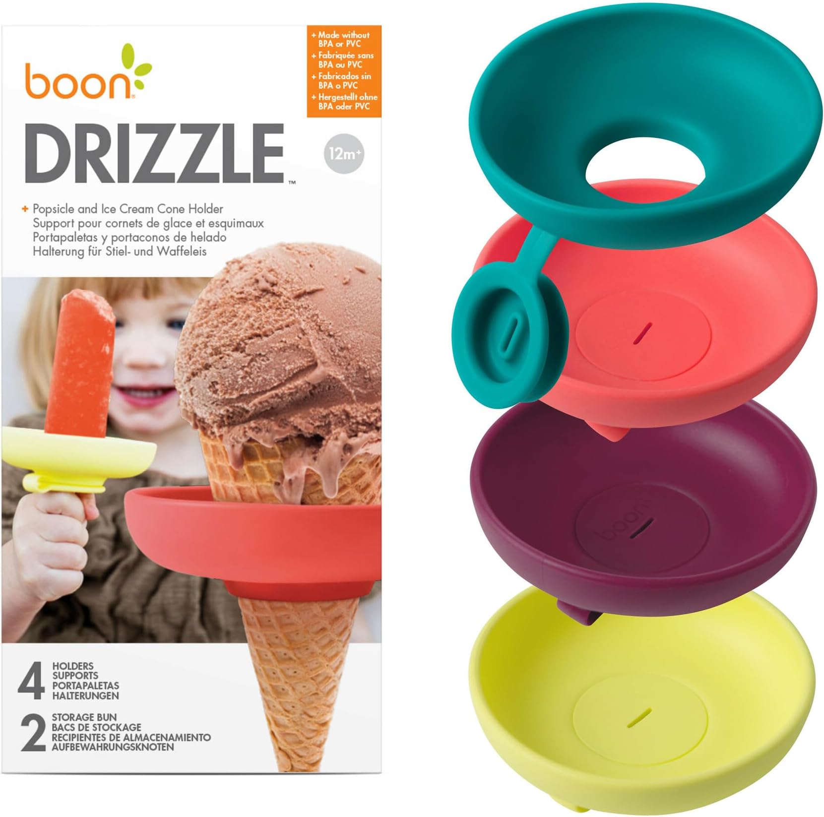 Boon Drizzle Silicone Ice Pop Holder - Silicone Drip Catcher for Frozen Treats and Ice Cream Cones - Dishwasher Safe Summer Kids and Toddler Essentials - Includes 2 Travel Cases - 4 Count