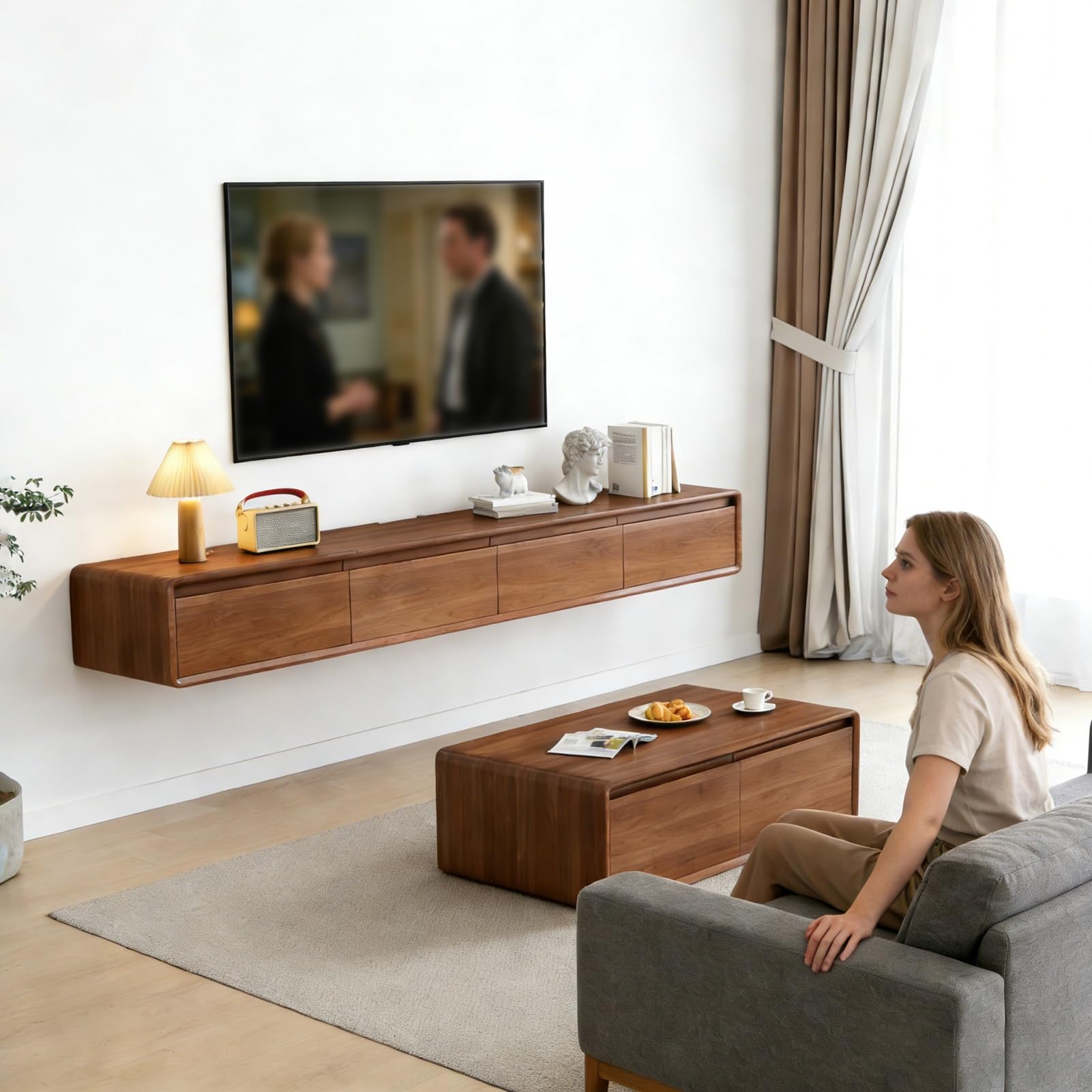 Mueble TV Flotante, Mueble TV Suspendido para Pared, Consola Entretenimiento Moderna, Armario Televisión con Puertas Y Cajones Ideal para Salón Y Dormitorio(BrownC,200cm)