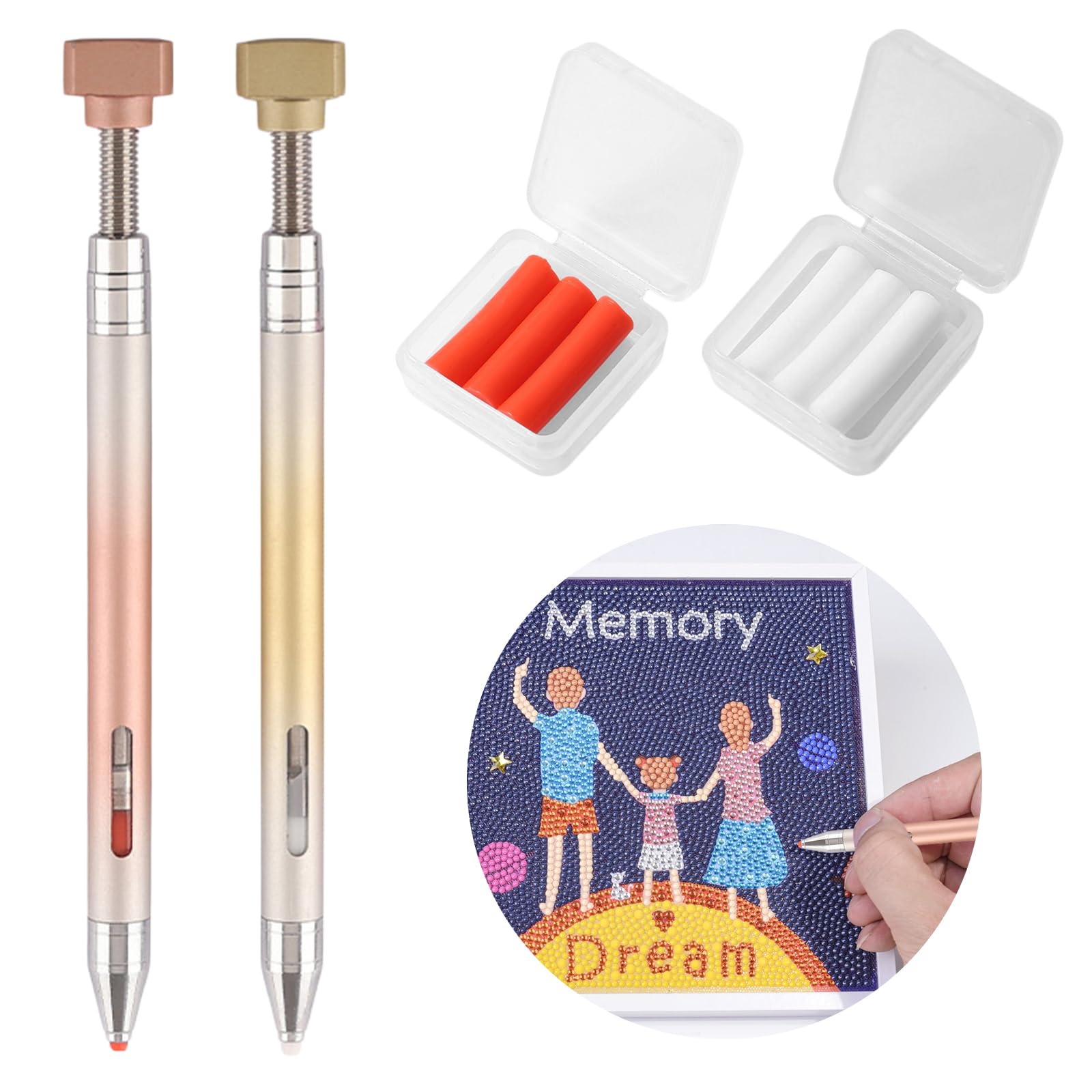 2 Pcs Diamond Art Paint Pens with Refillable Wax, Diamond Paint Accessories Refillable Wax Pen, Self-Stick Rotating Glue Point Drill Pens for Nail Art Rhinestones Diamond Art DIY Craft (Style B)